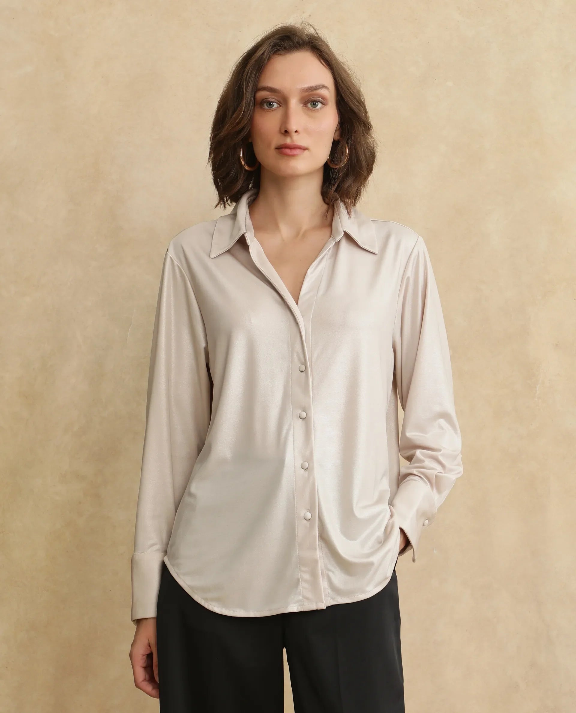 Rareism Women Cawer Metalic Gold Cuffed Sleeve Collared Neck Button Closure Regular Fit Plain Shirt