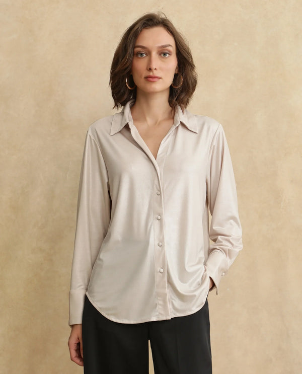 Rareism Women Cawer Metalic Gold Cuffed Sleeve Collared Neck Button Closure Regular Fit Plain Shirt