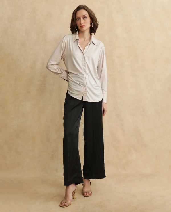 Rareism Women Cawer Metalic Gold Cuffed Sleeve Collared Neck Button Closure Regular Fit Plain Shirt