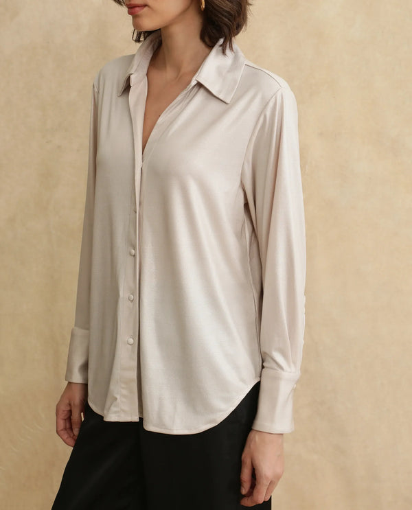 Rareism Women Cawer Metalic Gold Cuffed Sleeve Collared Neck Button Closure Regular Fit Plain Shirt