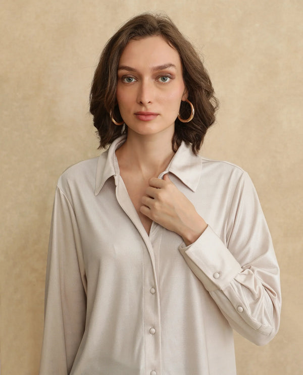 Rareism Women Cawer Metalic Gold Cuffed Sleeve Collared Neck Button Closure Regular Fit Plain Shirt