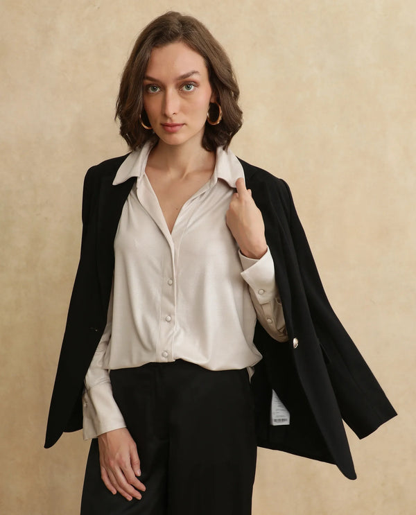 Rareism Women Cawer Metalic Gold Cuffed Sleeve Collared Neck Button Closure Regular Fit Plain Shirt