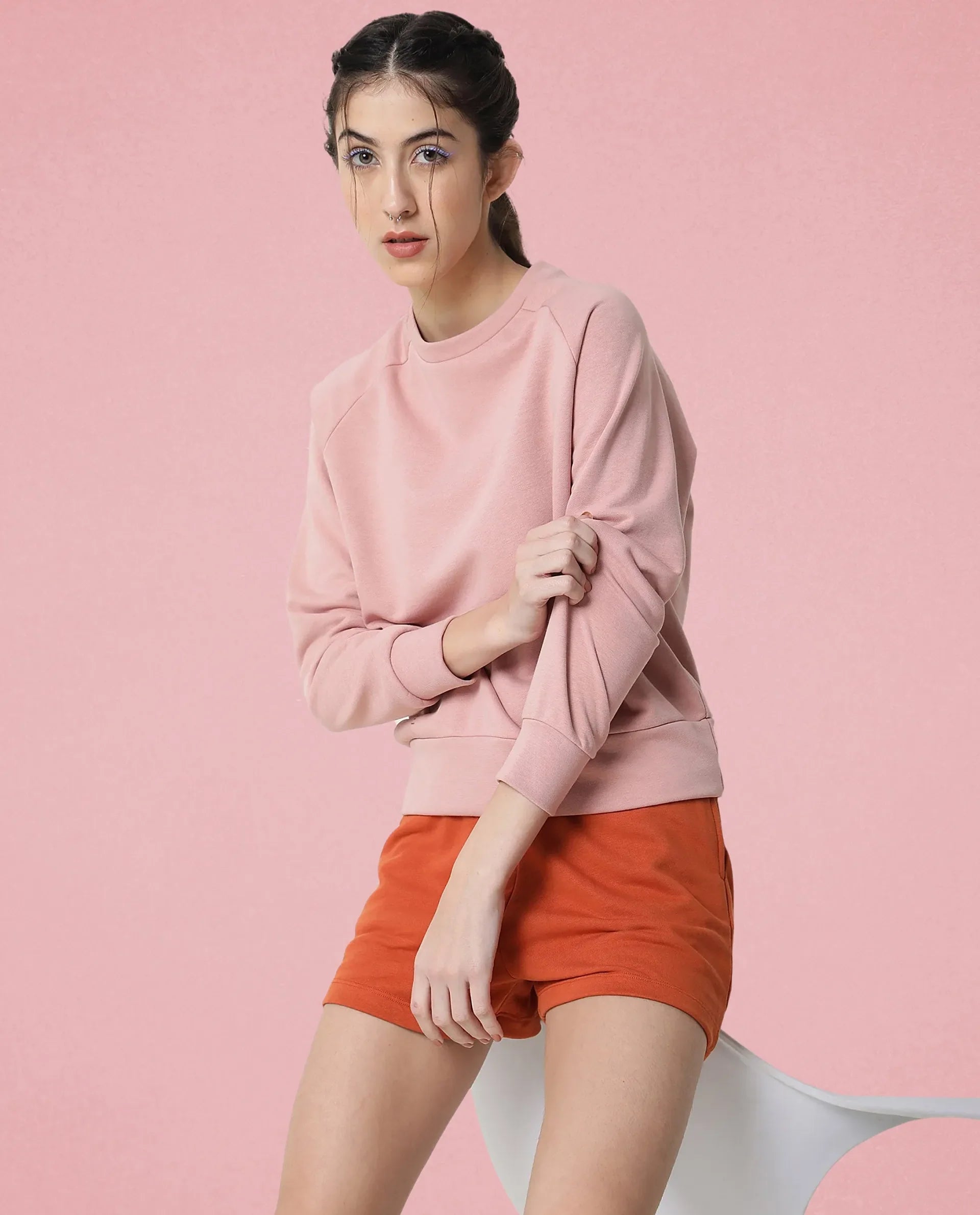 Rareism Women Cax Dusky Pink Cotton Blend Fabric Relaxed Fit Full Sleeves Solid Round Neck Sweatshirt