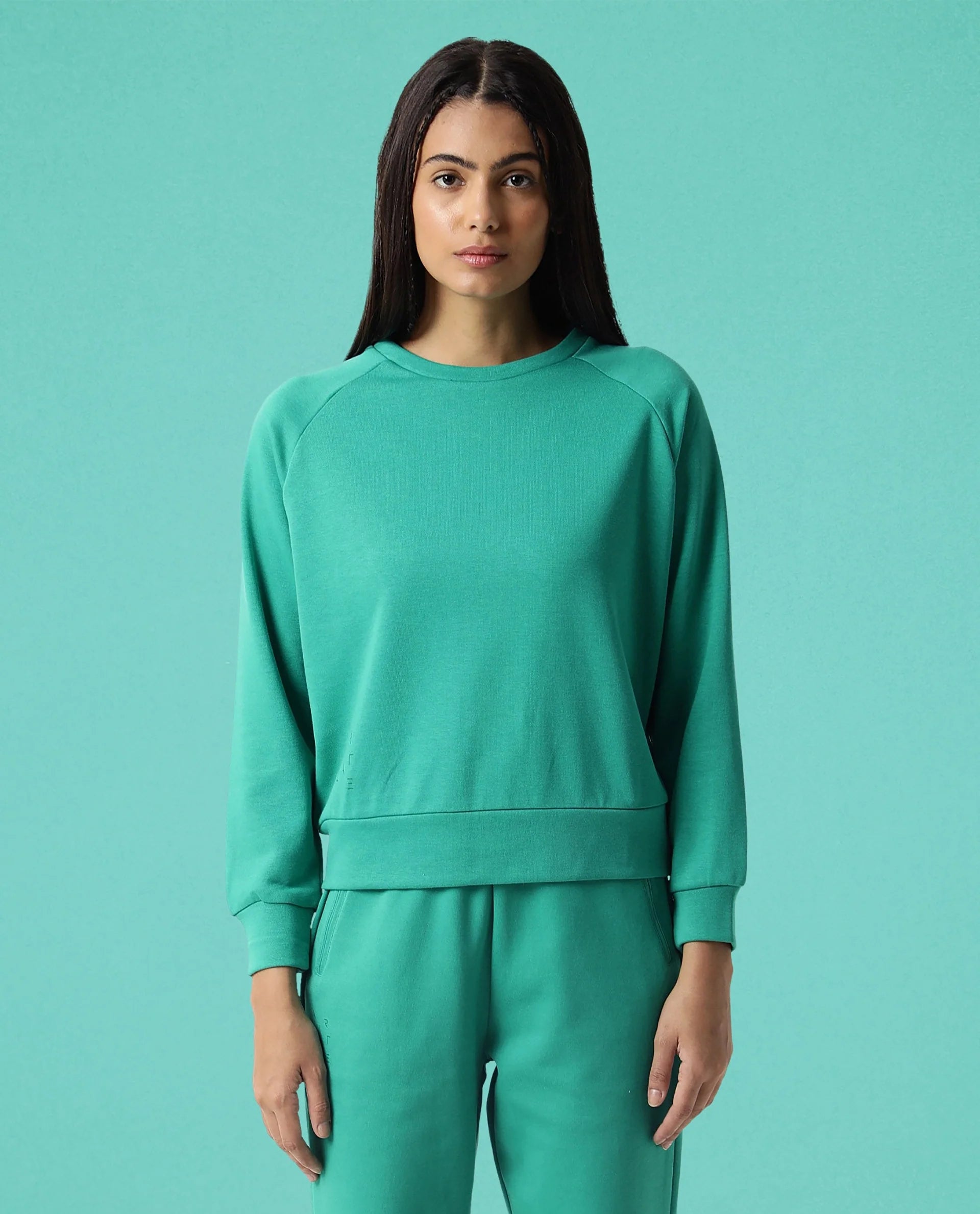 Rareism Women Cax Green Cotton Blend Fabric Relaxed Fit Full Sleeves Solid Round Neck Sweatshirt