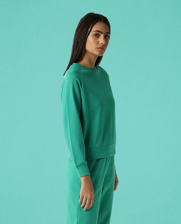 Rareism Women Cax Green Cotton Blend Fabric Relaxed Fit Full Sleeves Solid Round Neck Sweatshirt