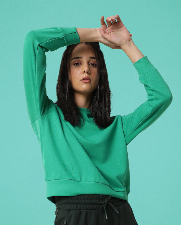 Rareism Women Cax Green Cotton Blend Fabric Relaxed Fit Full Sleeves Solid Round Neck Sweatshirt