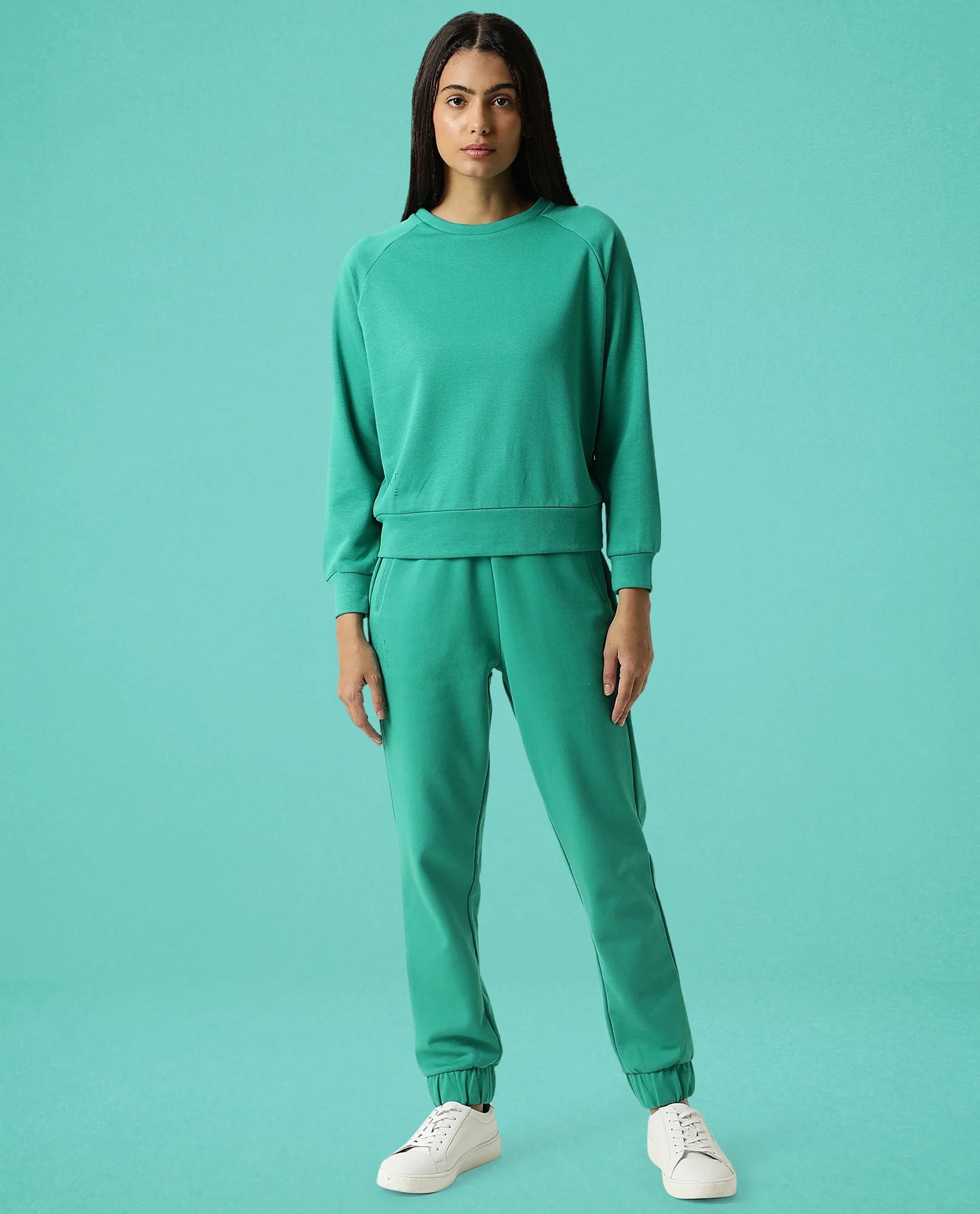 Rareism Women Cax Green Cotton Blend Fabric Relaxed Fit Full Sleeves Solid Round Neck Sweatshirt