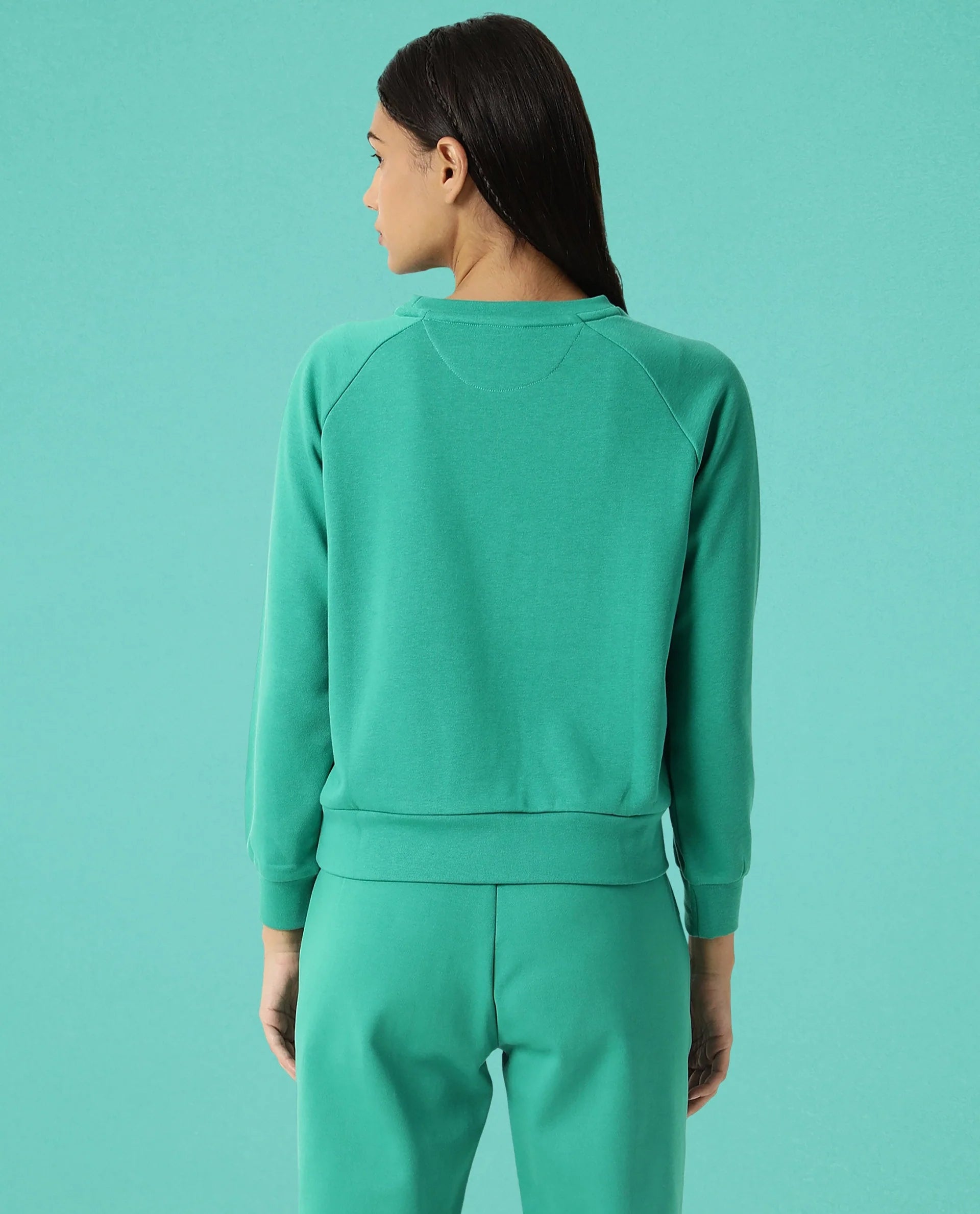 Rareism Women Cax Green Cotton Blend Fabric Relaxed Fit Full Sleeves Solid Round Neck Sweatshirt