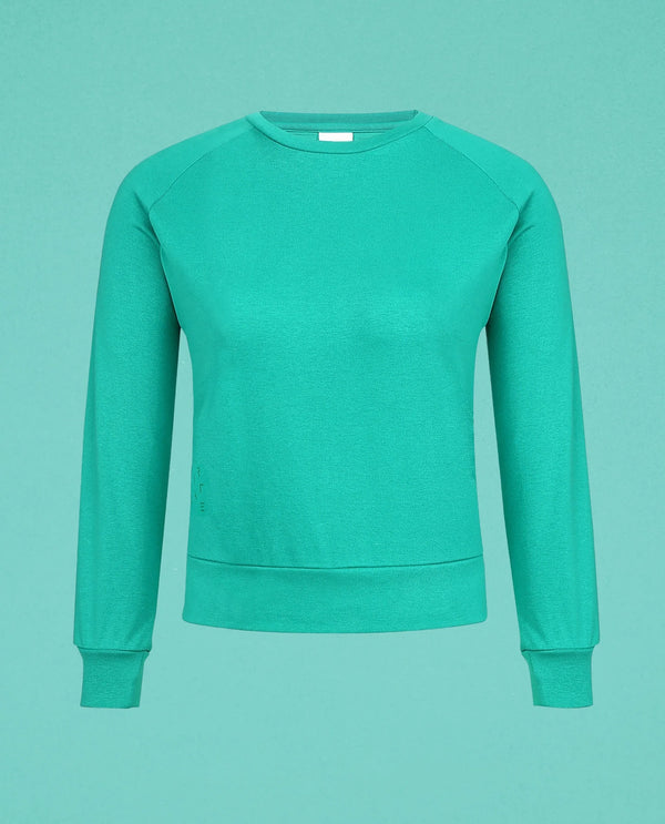 Rareism Women Cax Green Cotton Blend Fabric Relaxed Fit Full Sleeves Solid Round Neck Sweatshirt