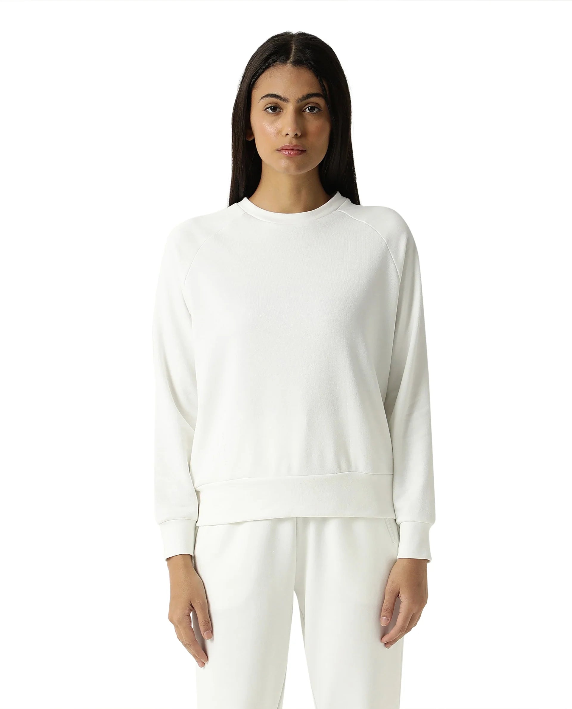 Rareism Women Cax Off White Cotton Blend Fabric Relaxed Fit Full Sleeves Solid Round Neck Sweatshirt