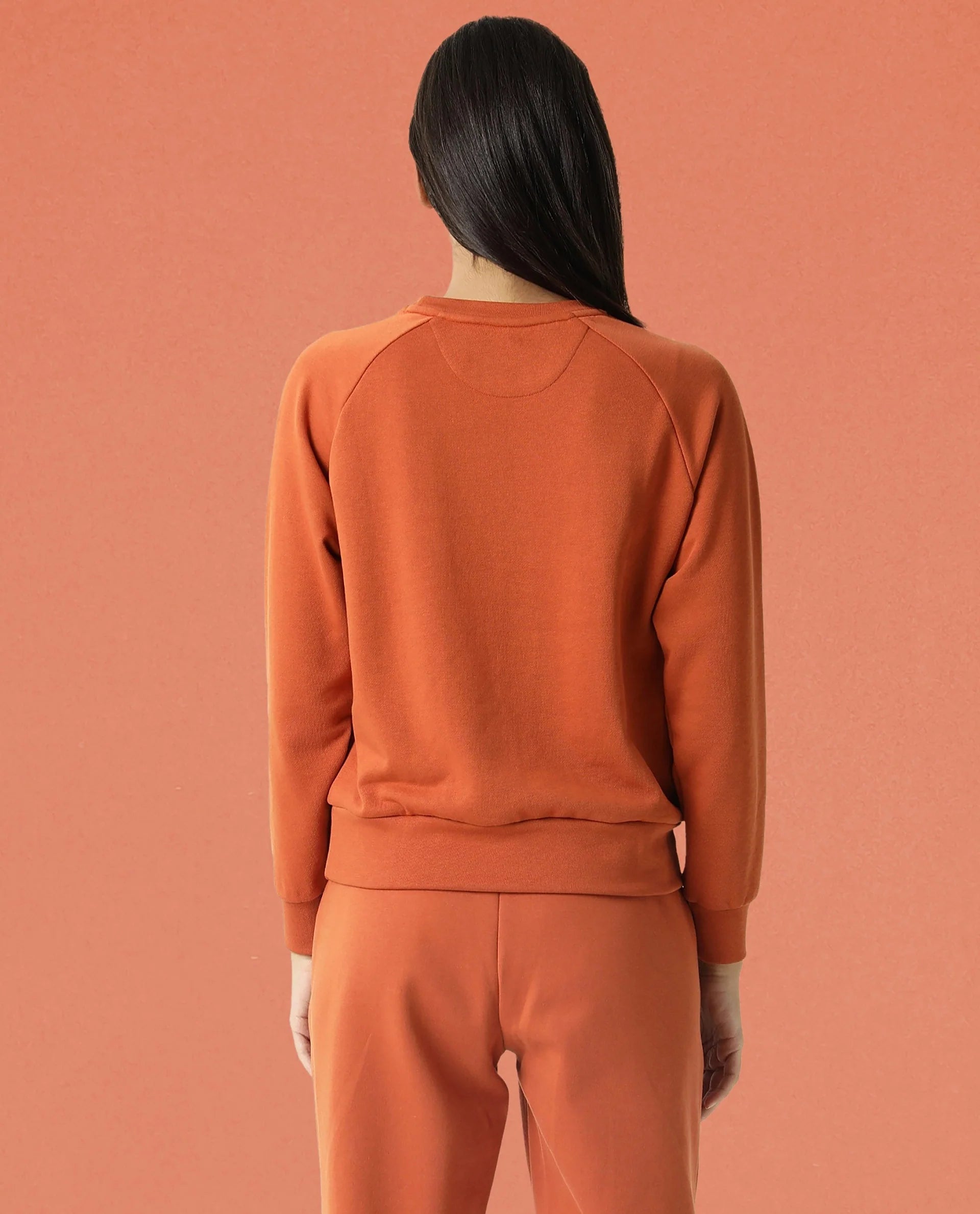Rareism Women Cax Orange Cotton Blend Fabric Relaxed Fit Full Sleeves Solid Round Neck Sweatshirt
