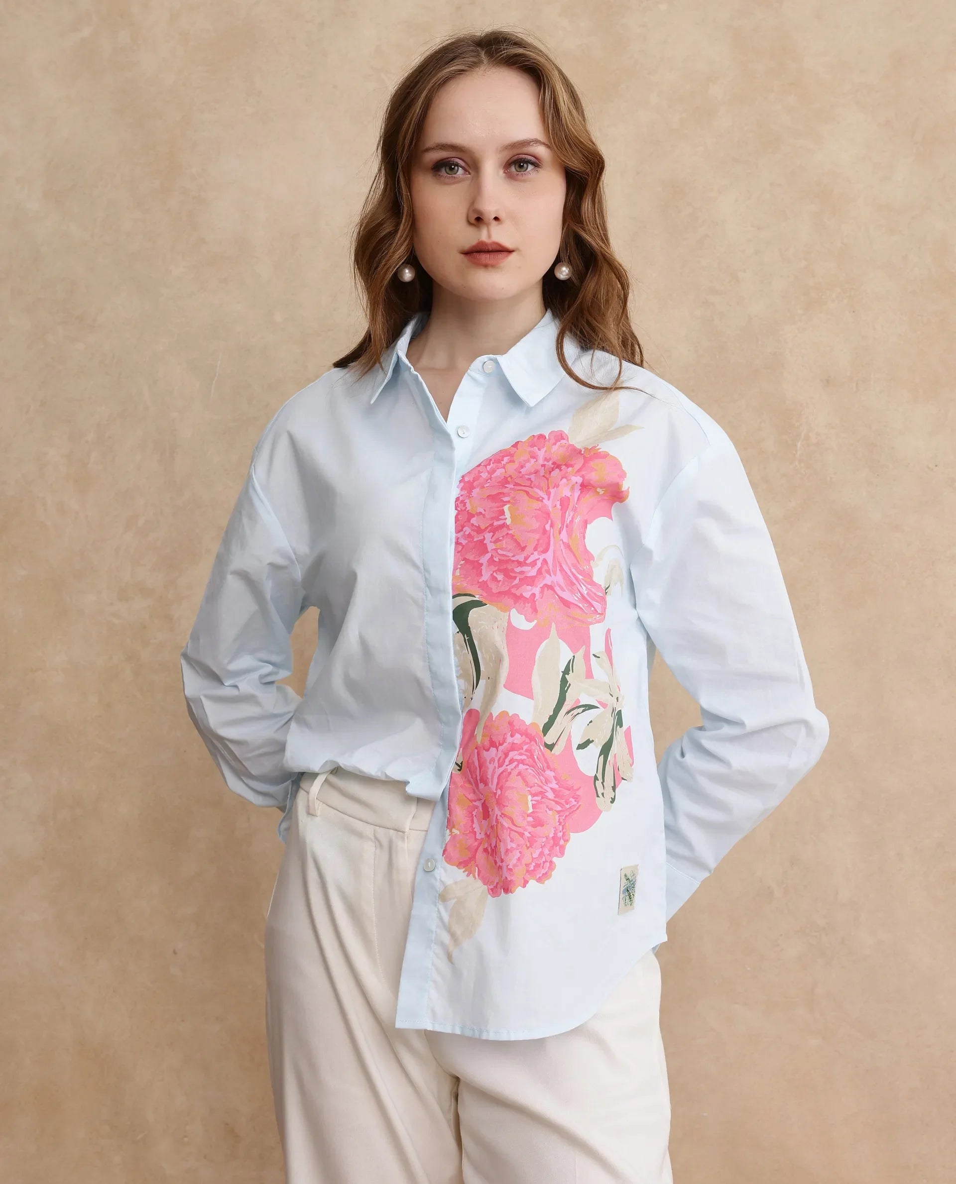 Rareism Women Ceredi Light Blue Cuffed Sleeve Shirt