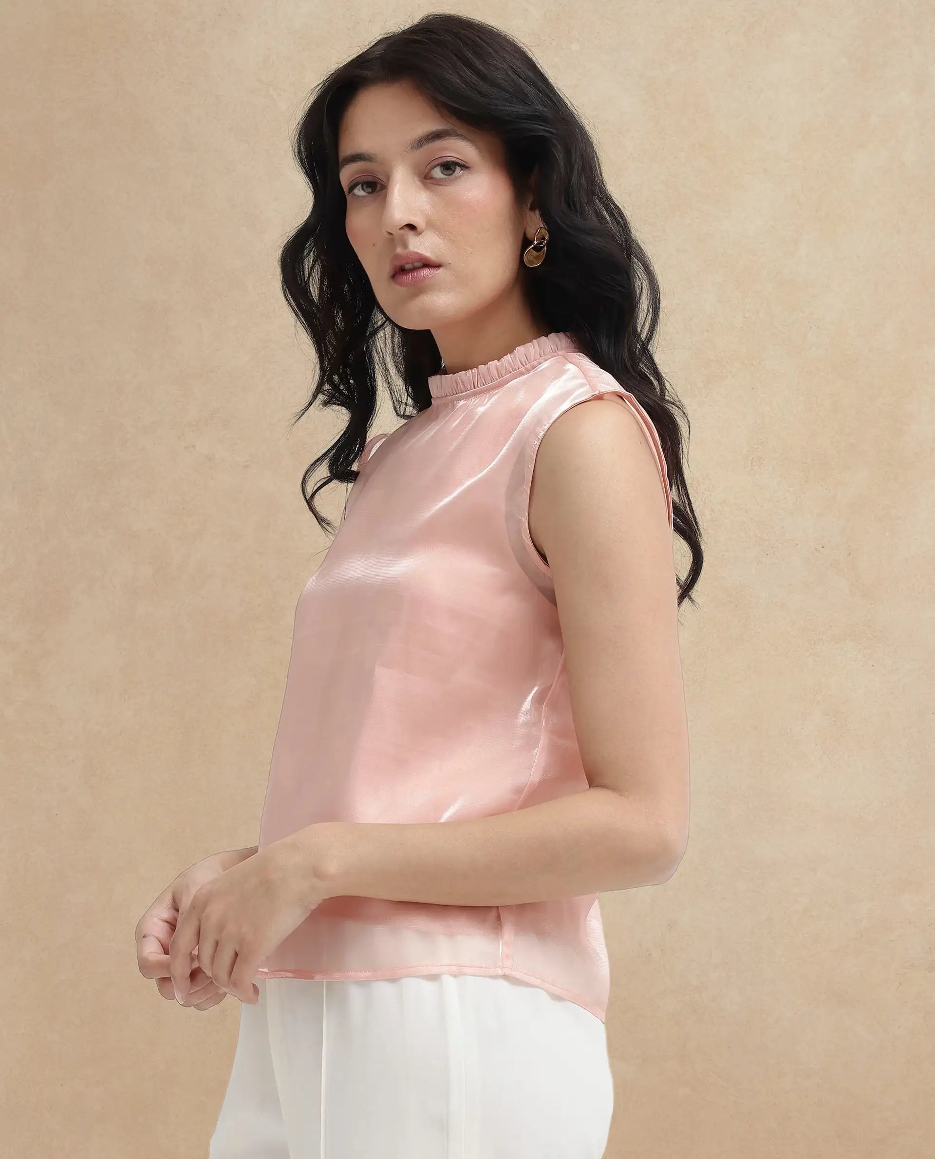Rareism Women Cessena-SC Beige Sleeveless Mandarin Collar Plain Top