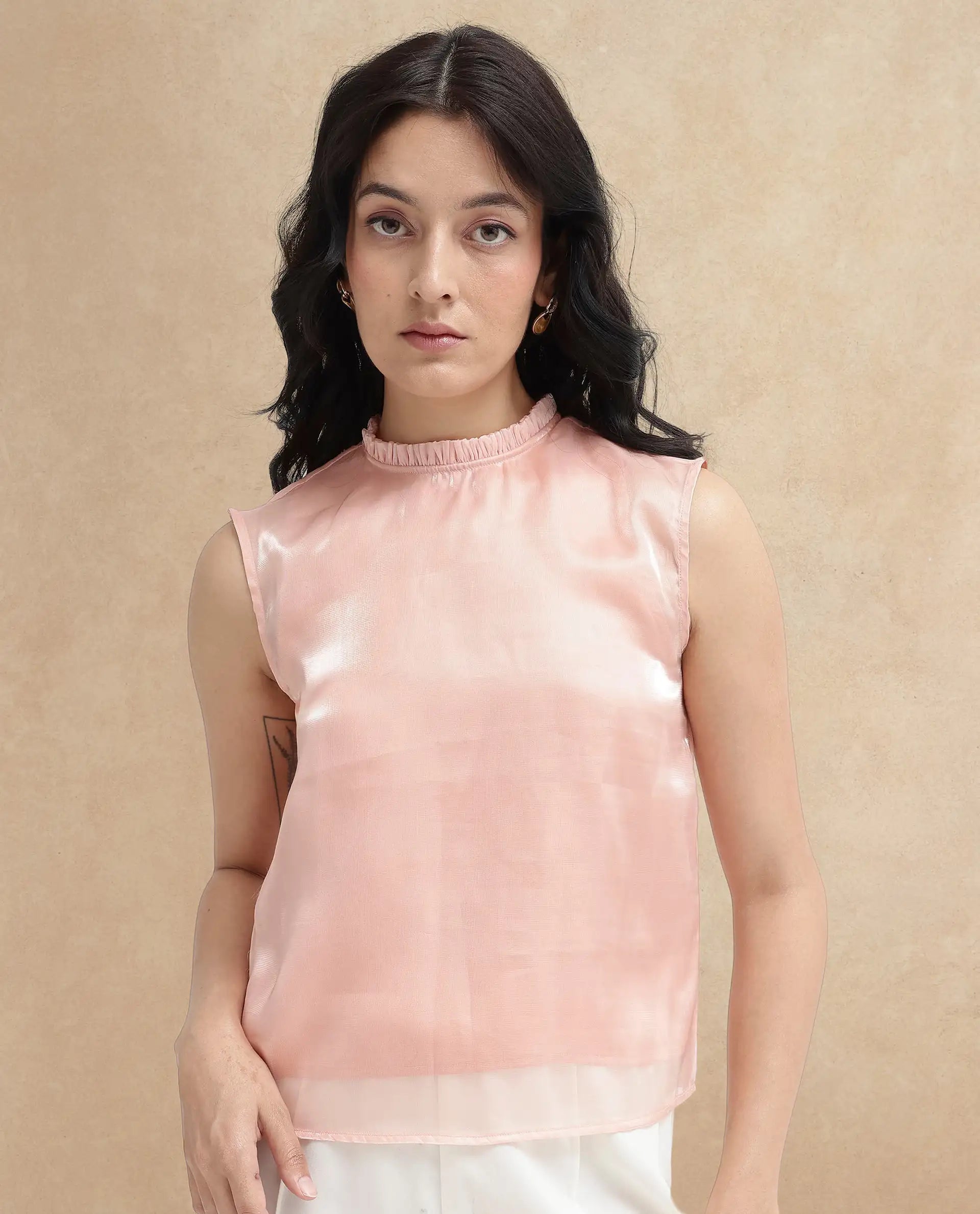 Rareism Women Cessena-SC Beige Sleeveless Mandarin Collar Plain Top