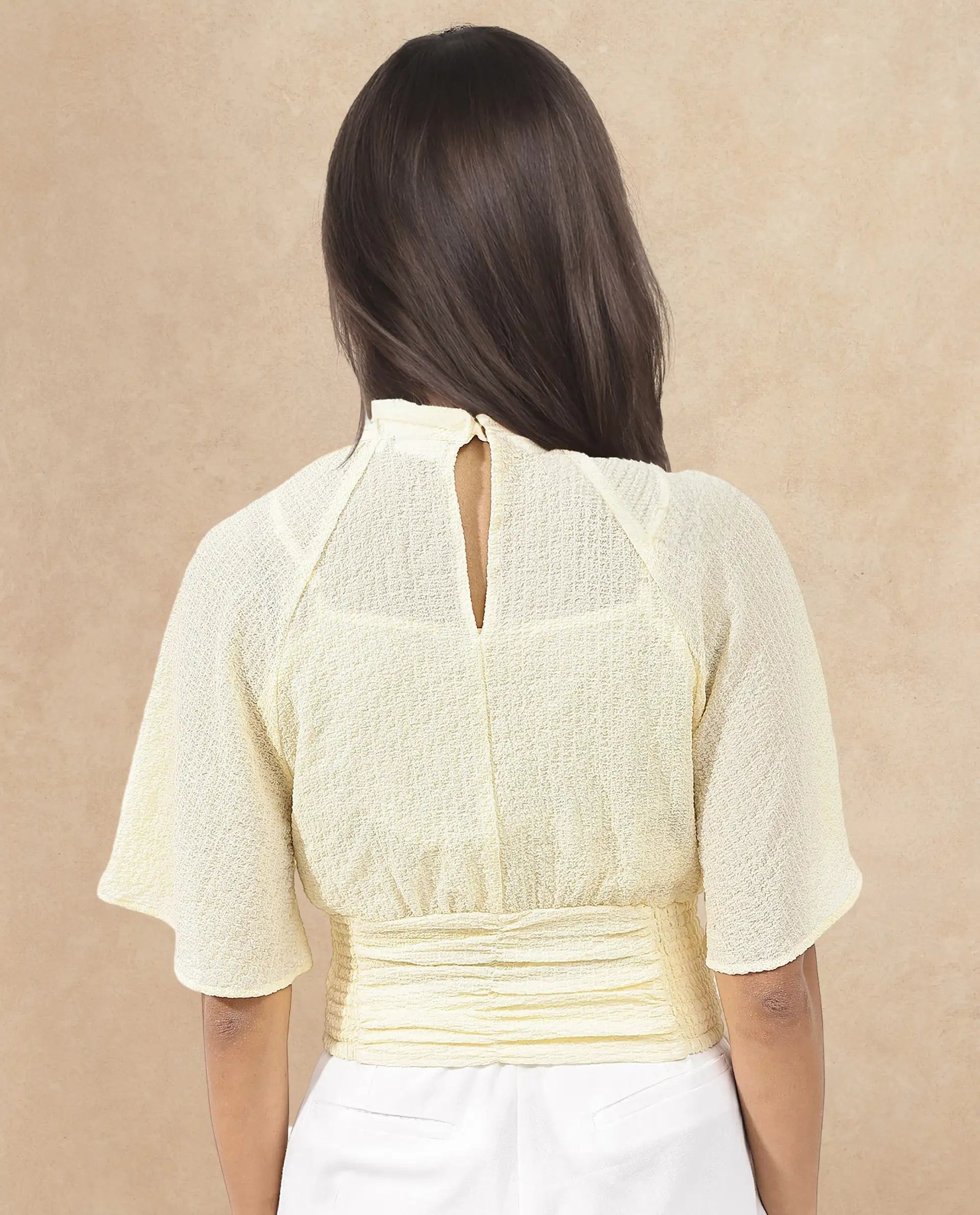 Rareism Women Chalsey Yellow Polyester Fabric Regular Sleeves Ribbed Collar Solid Regular Length Top