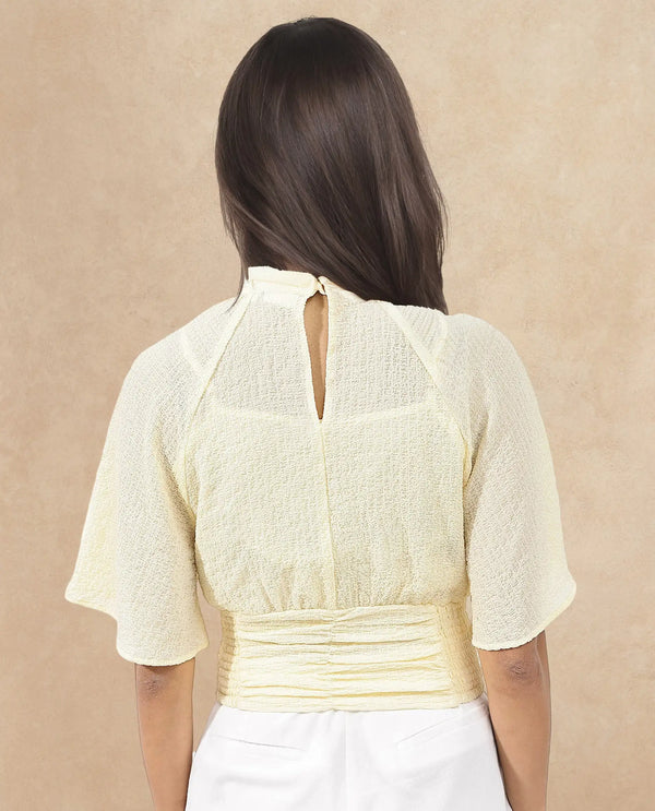 Rareism Women Chalsey Yellow Polyester Fabric Regular Sleeves Ribbed Collar Solid Regular Length Top