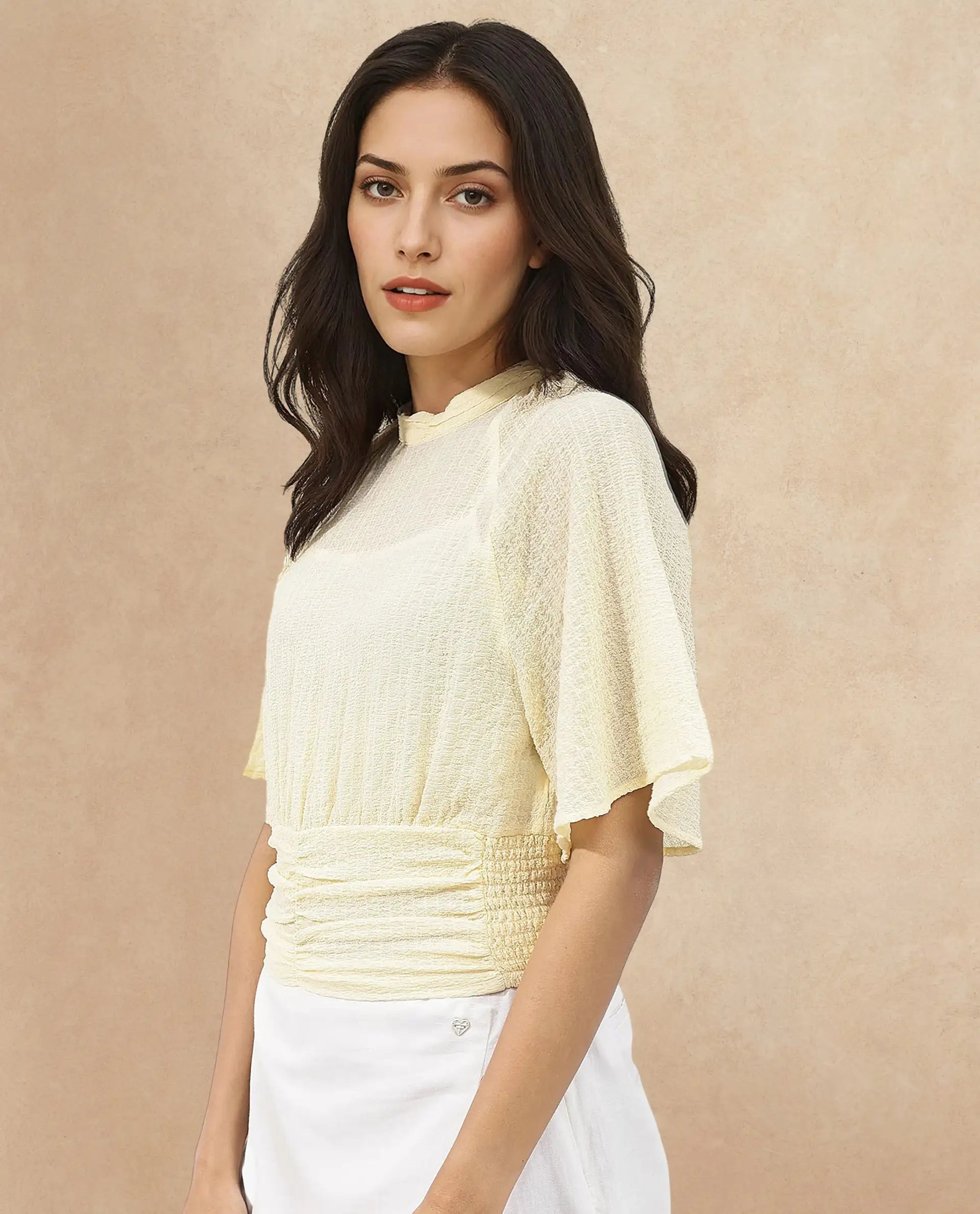 Rareism Women Chalsey Yellow Polyester Fabric Regular Sleeves Ribbed Collar Solid Regular Length Top