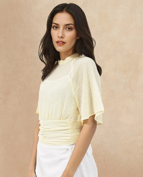 Rareism Women Chalsey Yellow Polyester Fabric Regular Sleeves Ribbed Collar Solid Regular Length Top
