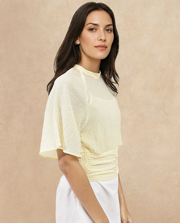 Rareism Women Chalsey Yellow Polyester Fabric Regular Sleeves Ribbed Collar Solid Regular Length Top