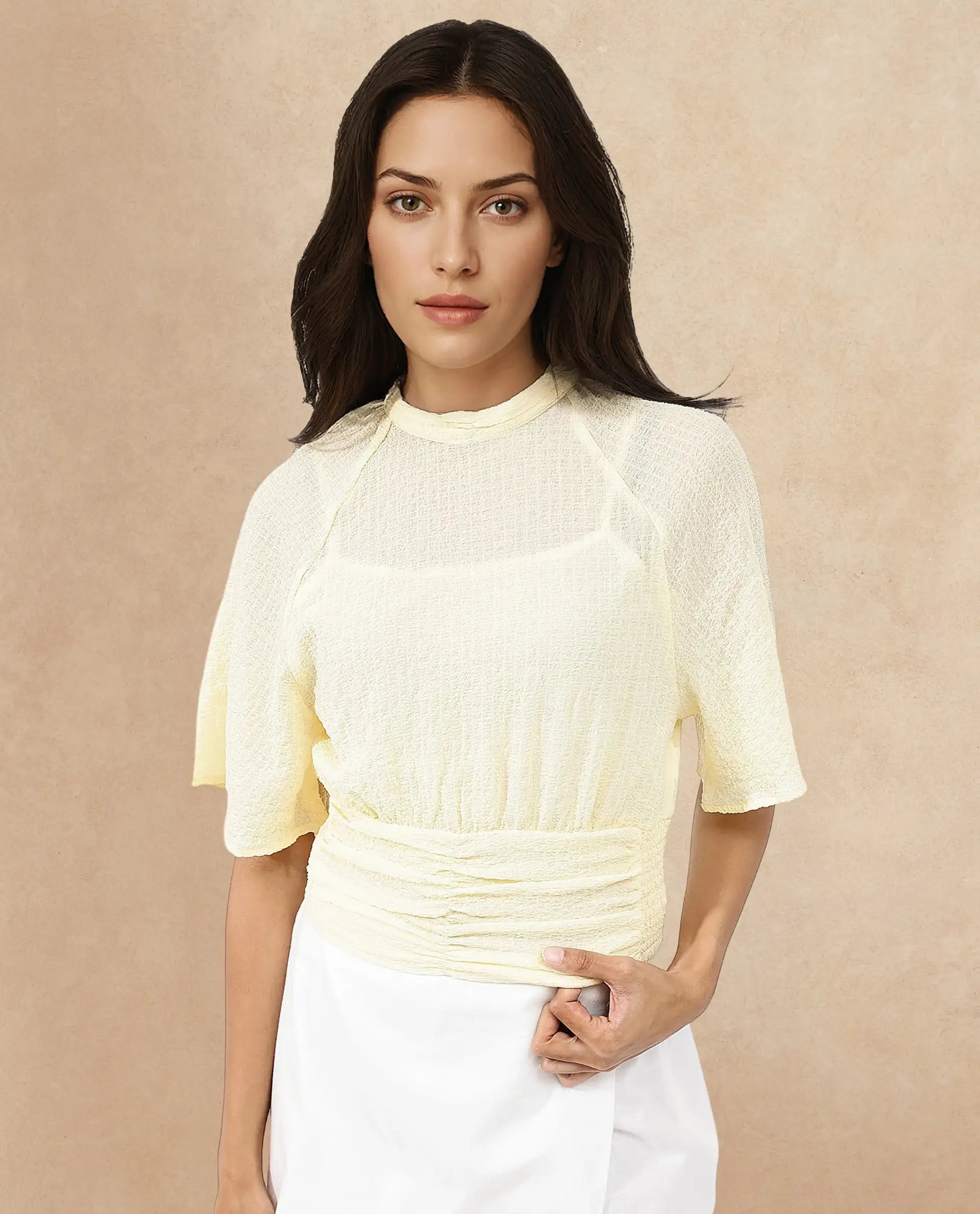 Rareism Women Chalsey Yellow Polyester Fabric Regular Sleeves Ribbed Collar Solid Regular Length Top