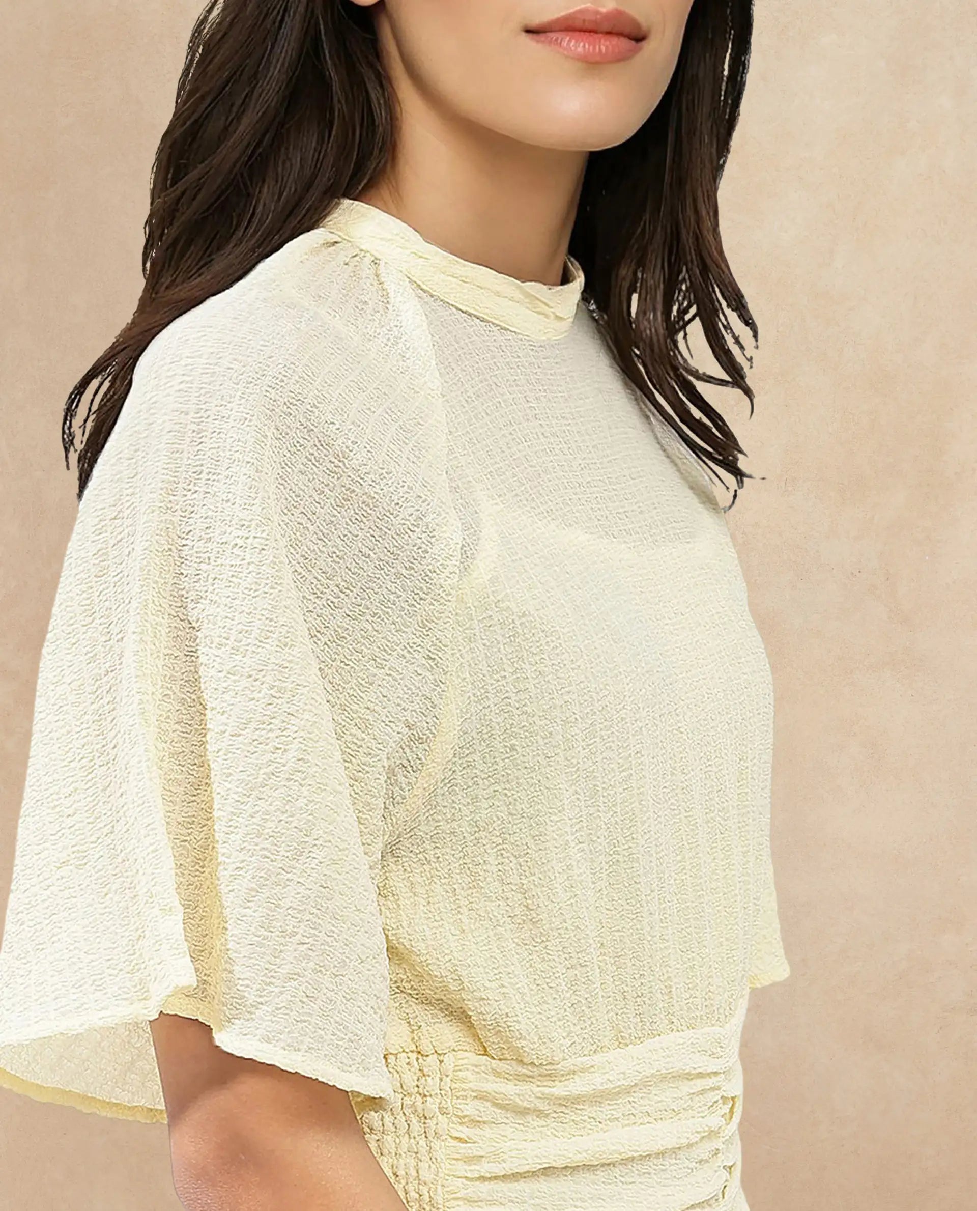 Rareism Women Chalsey Yellow Polyester Fabric Regular Sleeves Ribbed Collar Solid Regular Length Top