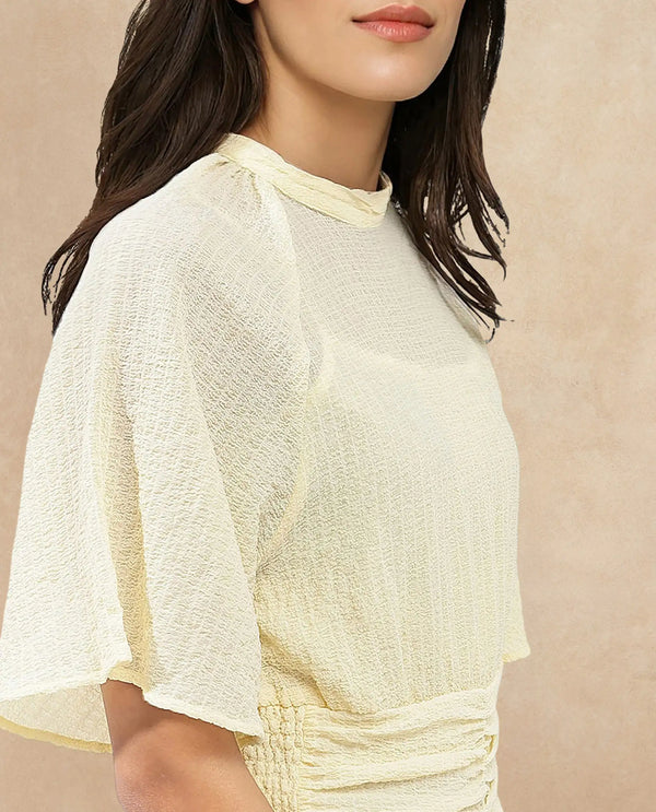 Rareism Women Chalsey Yellow Polyester Fabric Regular Sleeves Ribbed Collar Solid Regular Length Top