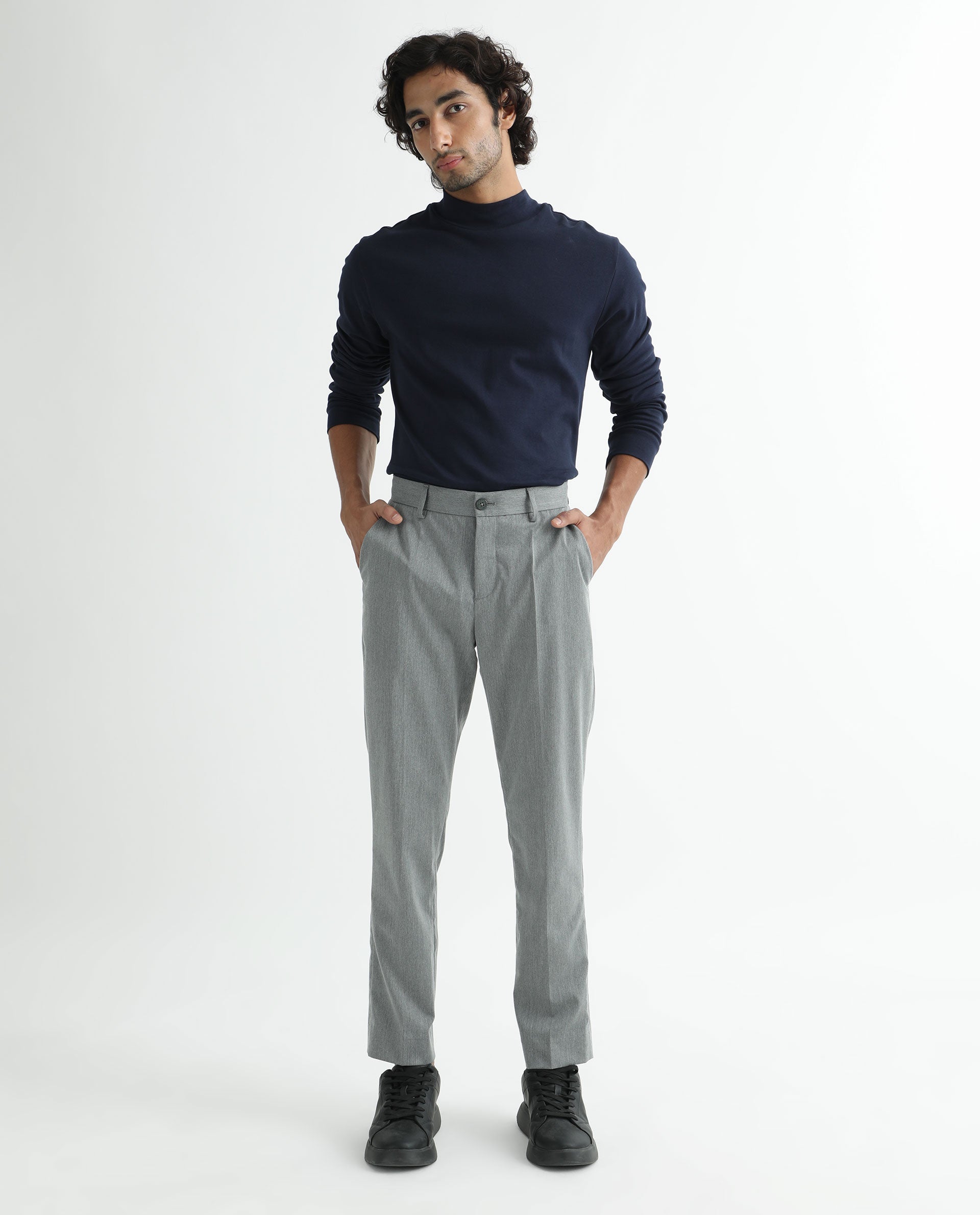 Rare Rabbit Men's Chamer Grey Solid Mid-Rise Regular Fit Cavalry Trouser