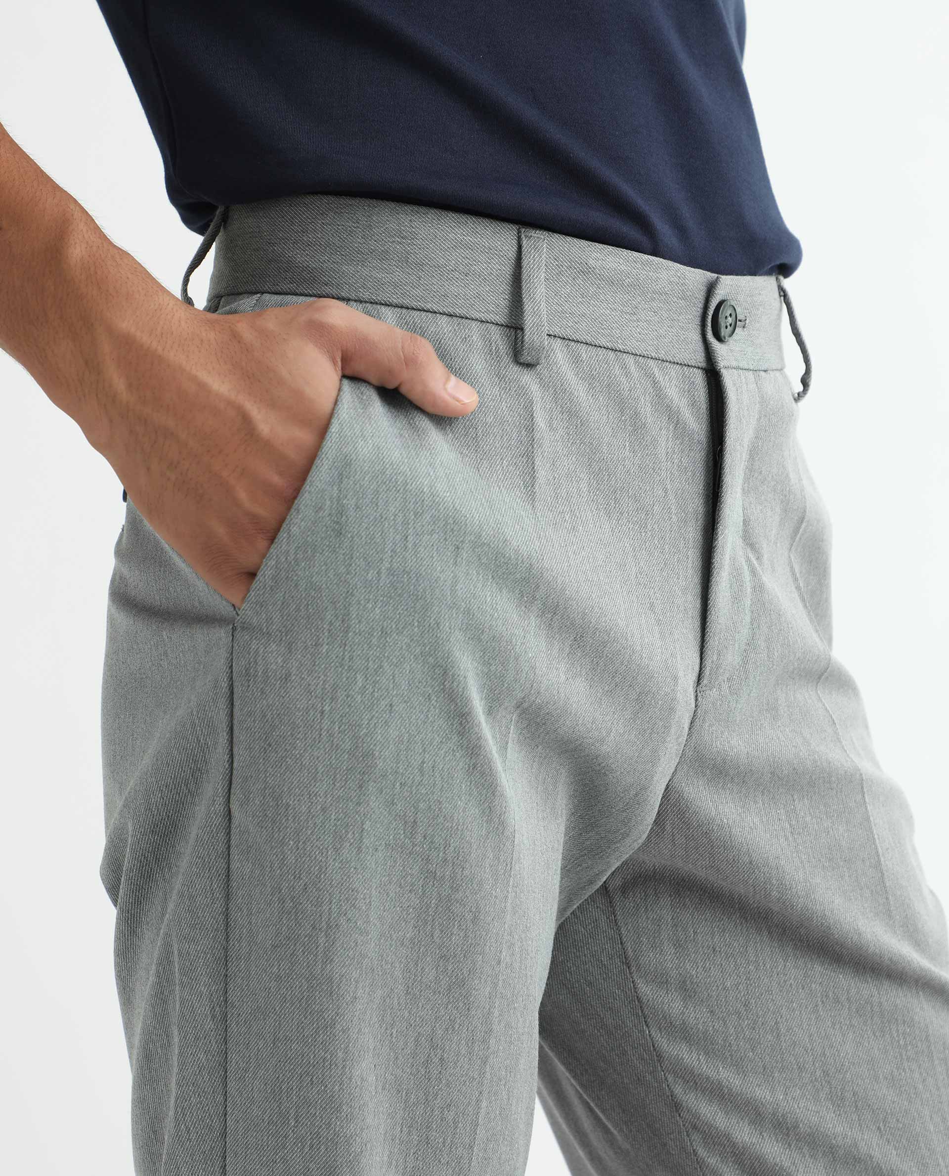 Rare Rabbit Men's Chamer Grey Solid Mid-Rise Regular Fit Cavalry Trouser
