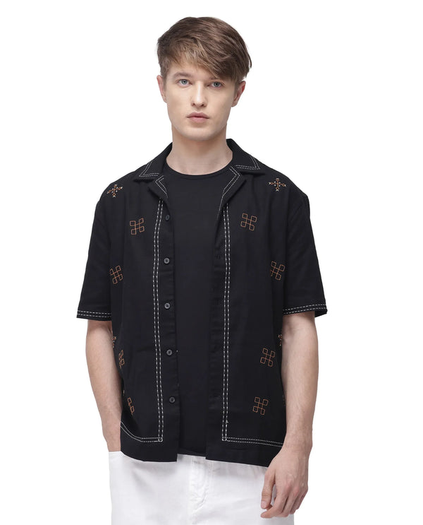 Rare Rabbit Men Chate Black Cotton Fabric Plain Shirt