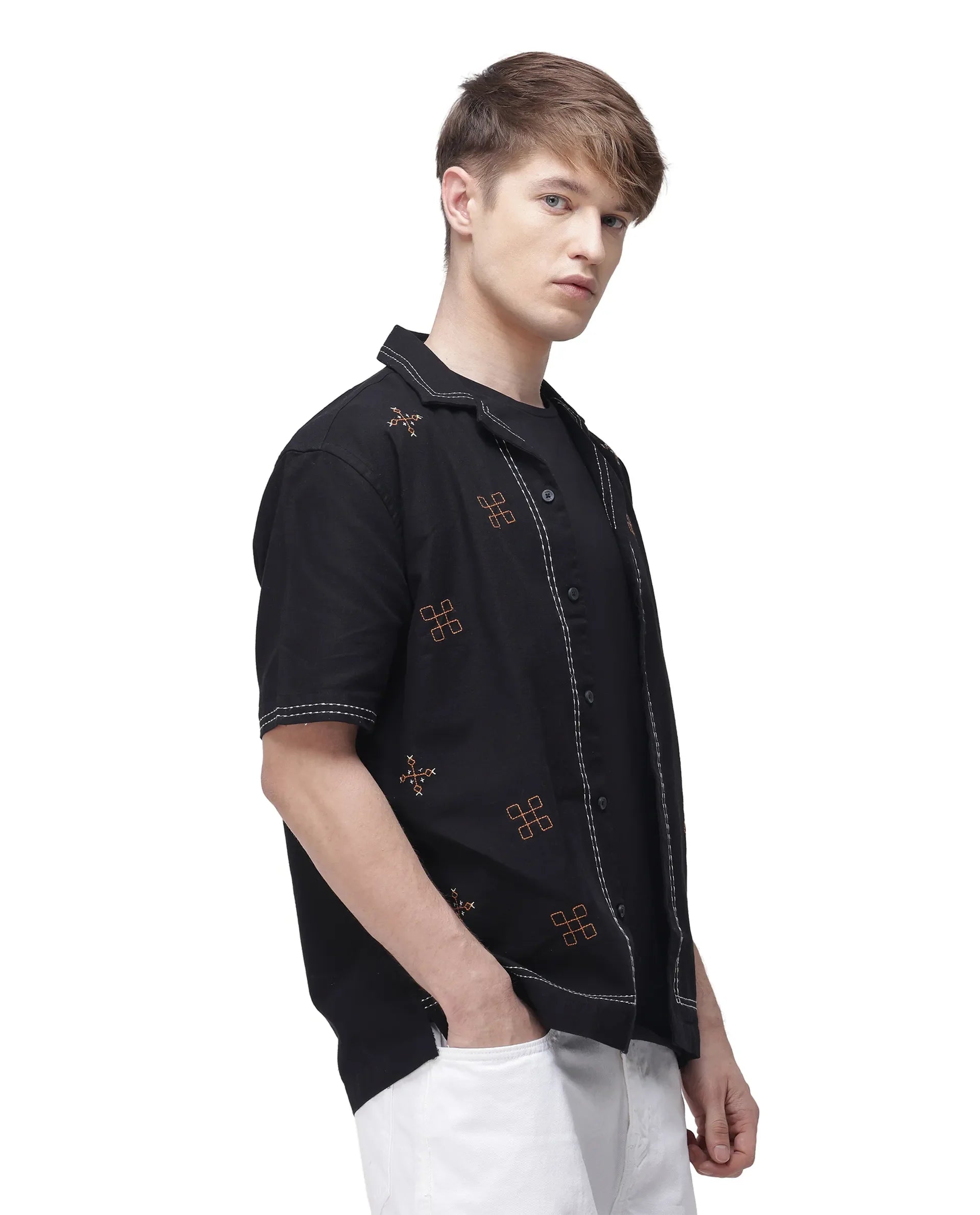 Rare Rabbit Men Chate Black Cotton Fabric Plain Shirt