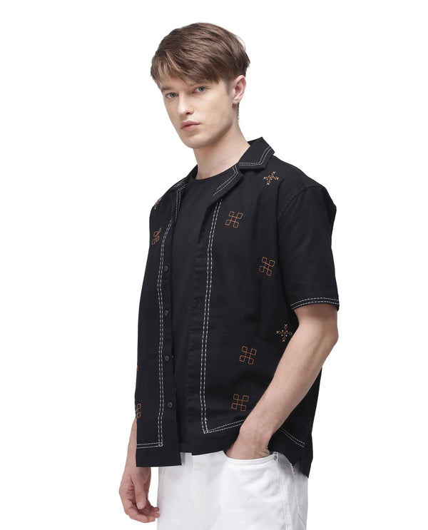 Rare Rabbit Men Chate Black Cotton Fabric Plain Shirt