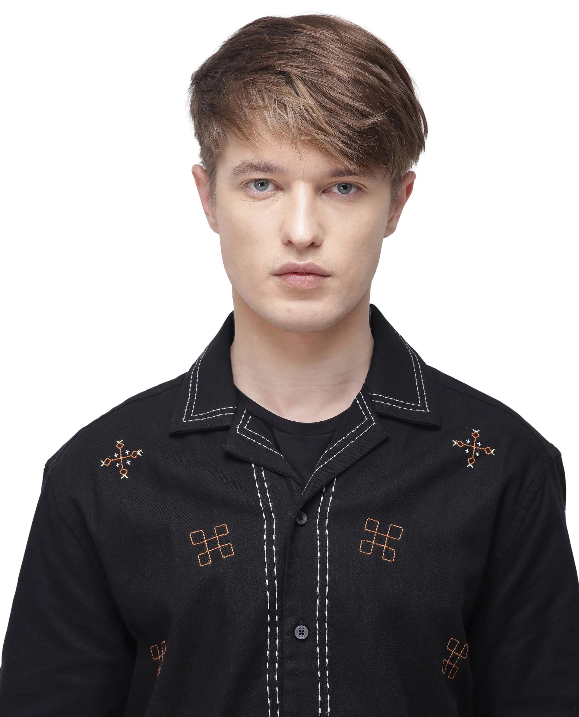 Rare Rabbit Men Chate Black Cotton Fabric Plain Shirt