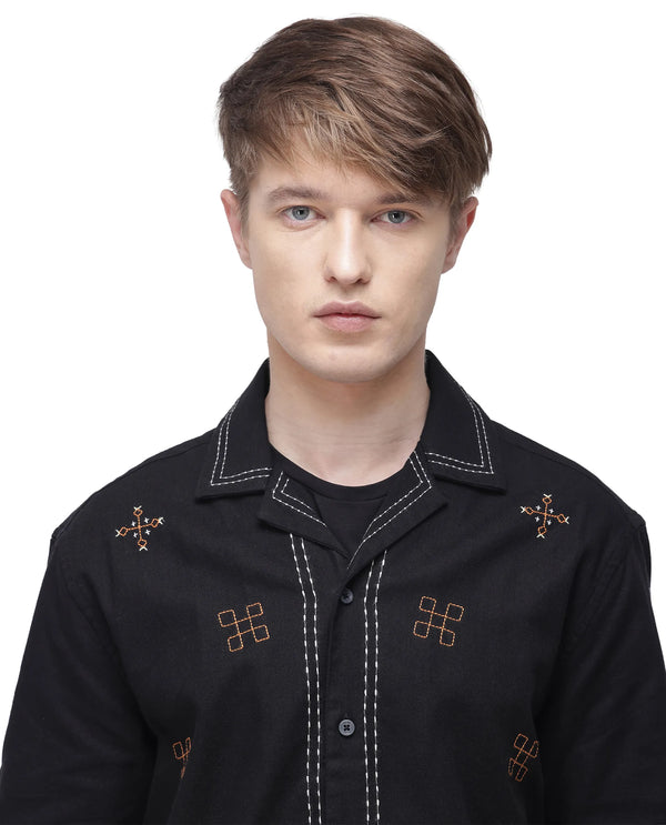 Rare Rabbit Men Chate Black Cotton Fabric Plain Shirt