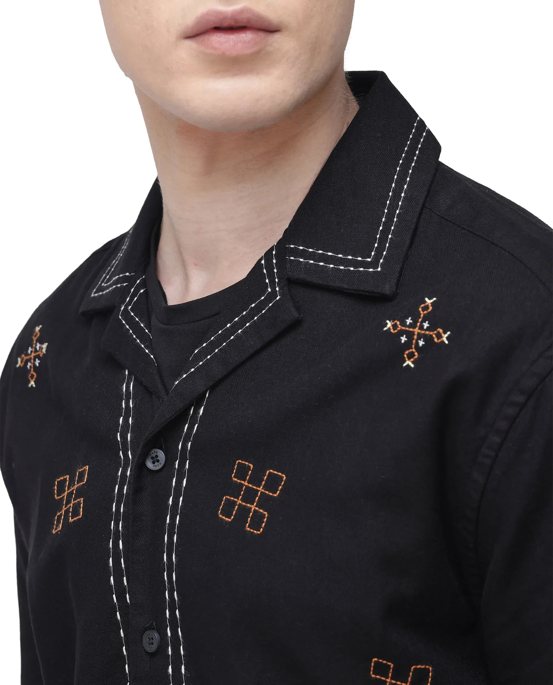 Rare Rabbit Men Chate Black Cotton Fabric Plain Shirt