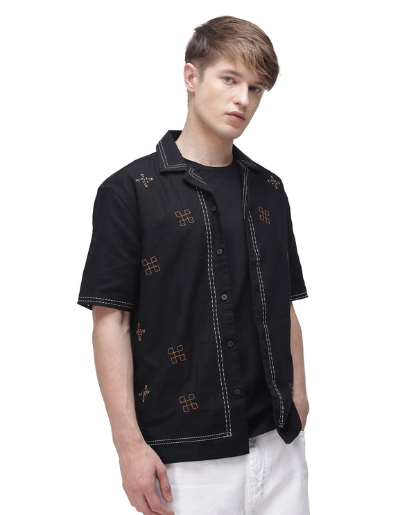 Rare Rabbit Men Chate Black Cotton Fabric Plain Shirt