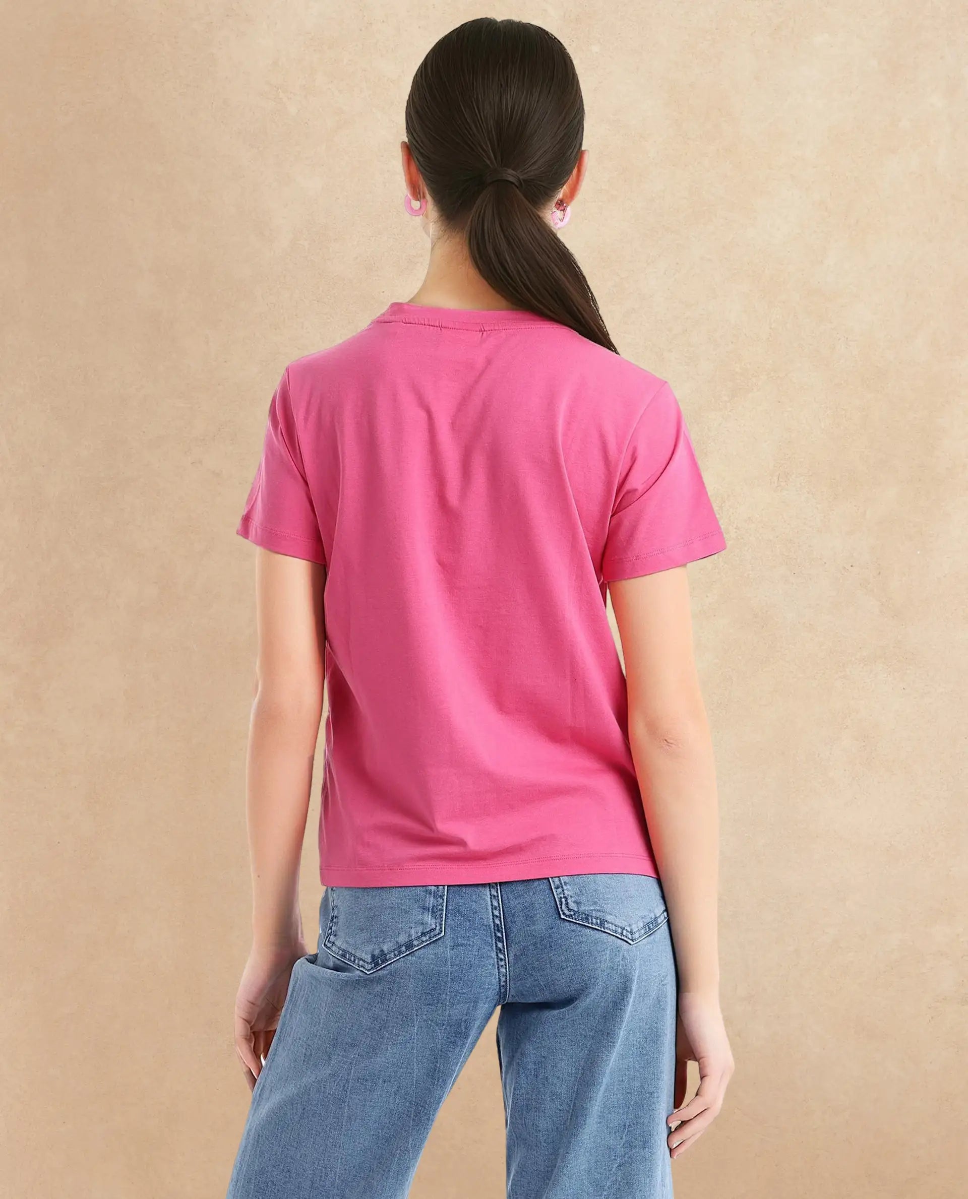 Rareism Women Ciara Flouroscent Pink Cotton Elastane Fabric Crew Neck Knit Solid T-Shirt