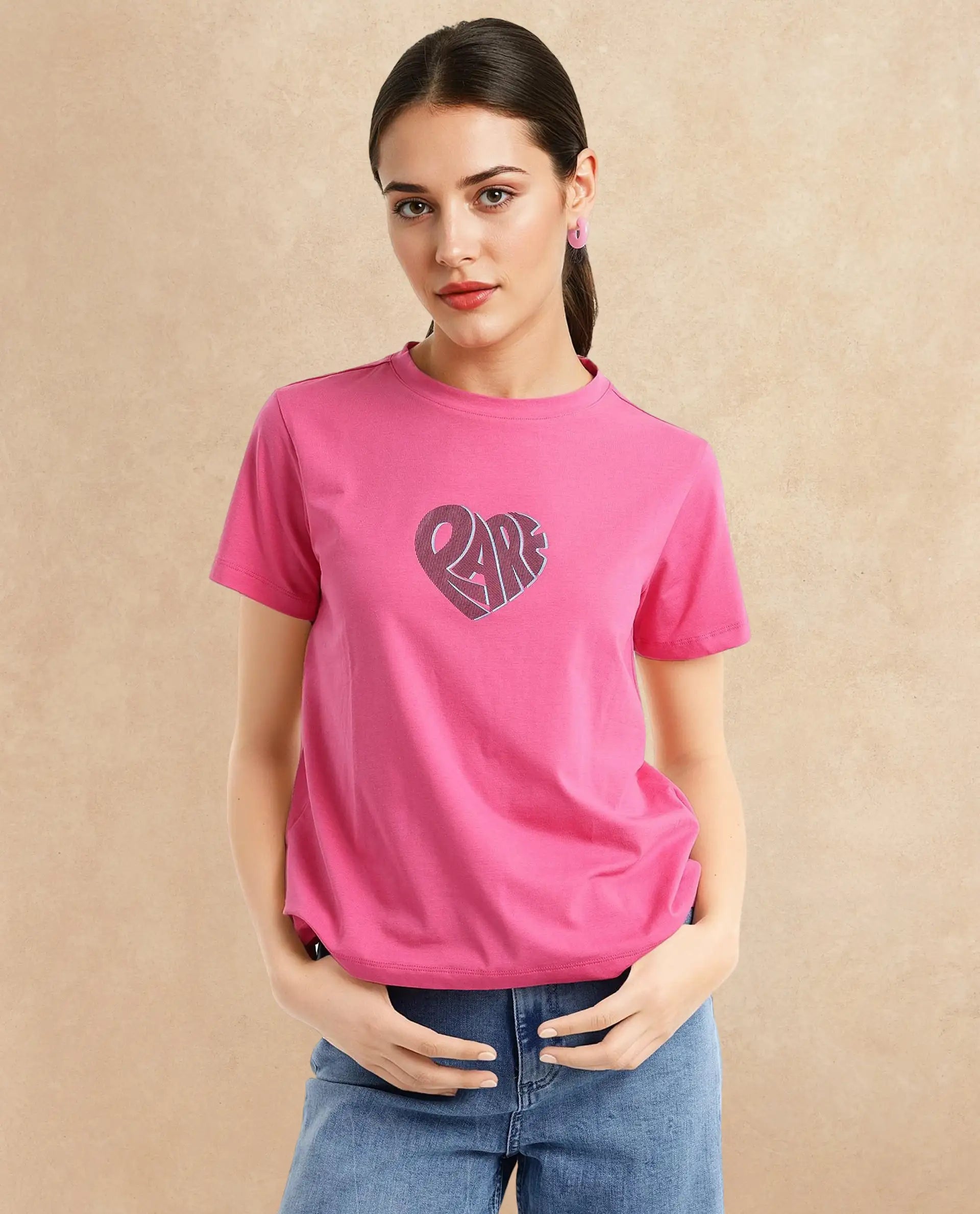 Rareism Women Ciara Flouroscent Pink Cotton Elastane Fabric Crew Neck Knit Solid T-Shirt