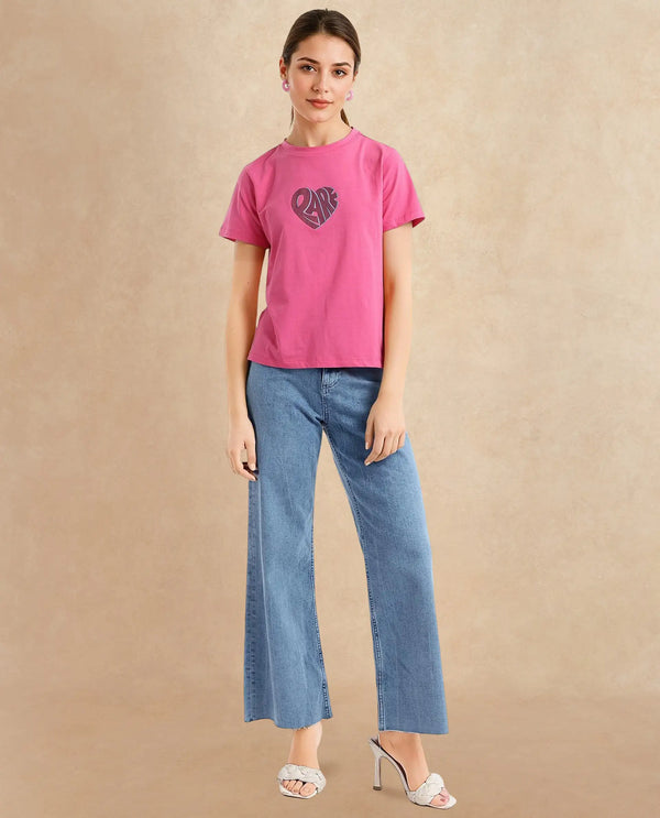 Rareism Women Ciara Flouroscent Pink Cotton Elastane Fabric Crew Neck Knit Solid T-Shirt