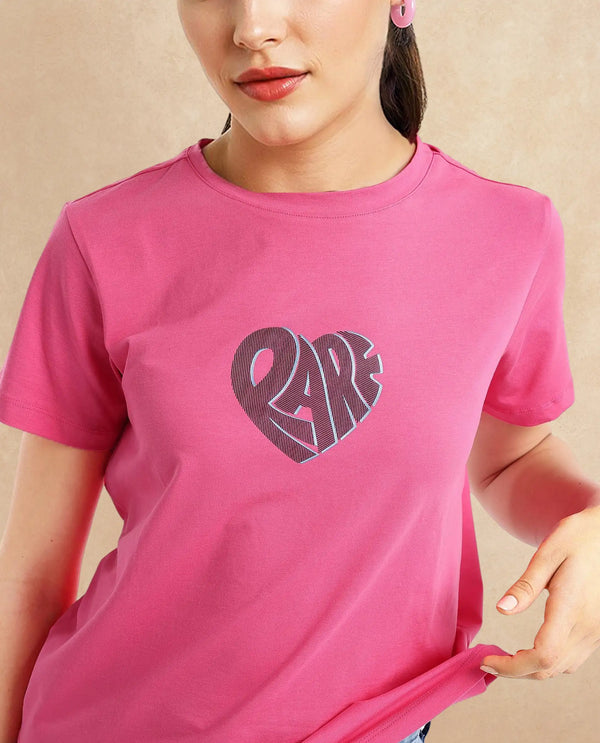 Rareism Women Ciara Flouroscent Pink Cotton Elastane Fabric Crew Neck Knit Solid T-Shirt