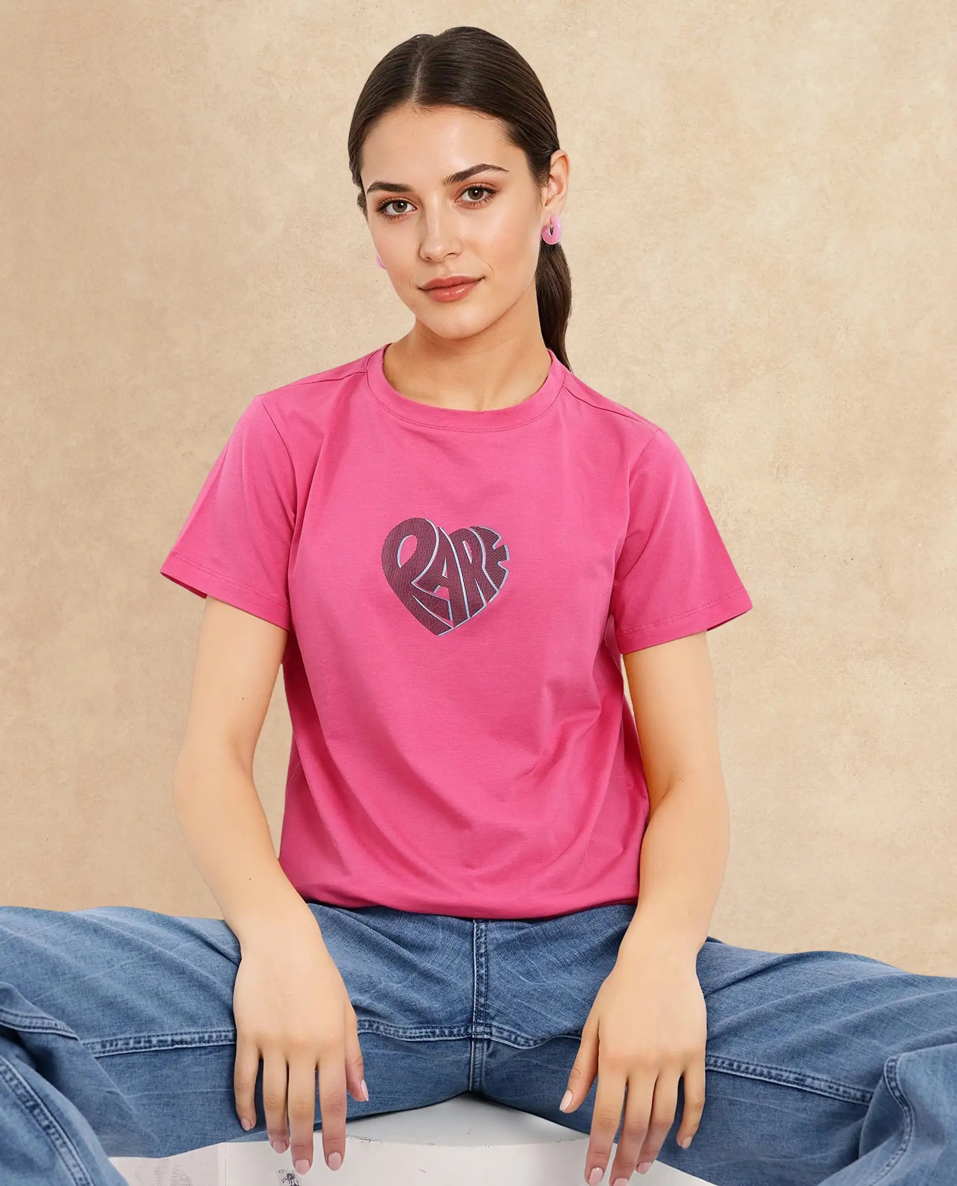 Rareism Women Ciara Flouroscent Pink Cotton Elastane Fabric Crew Neck Knit Solid T-Shirt