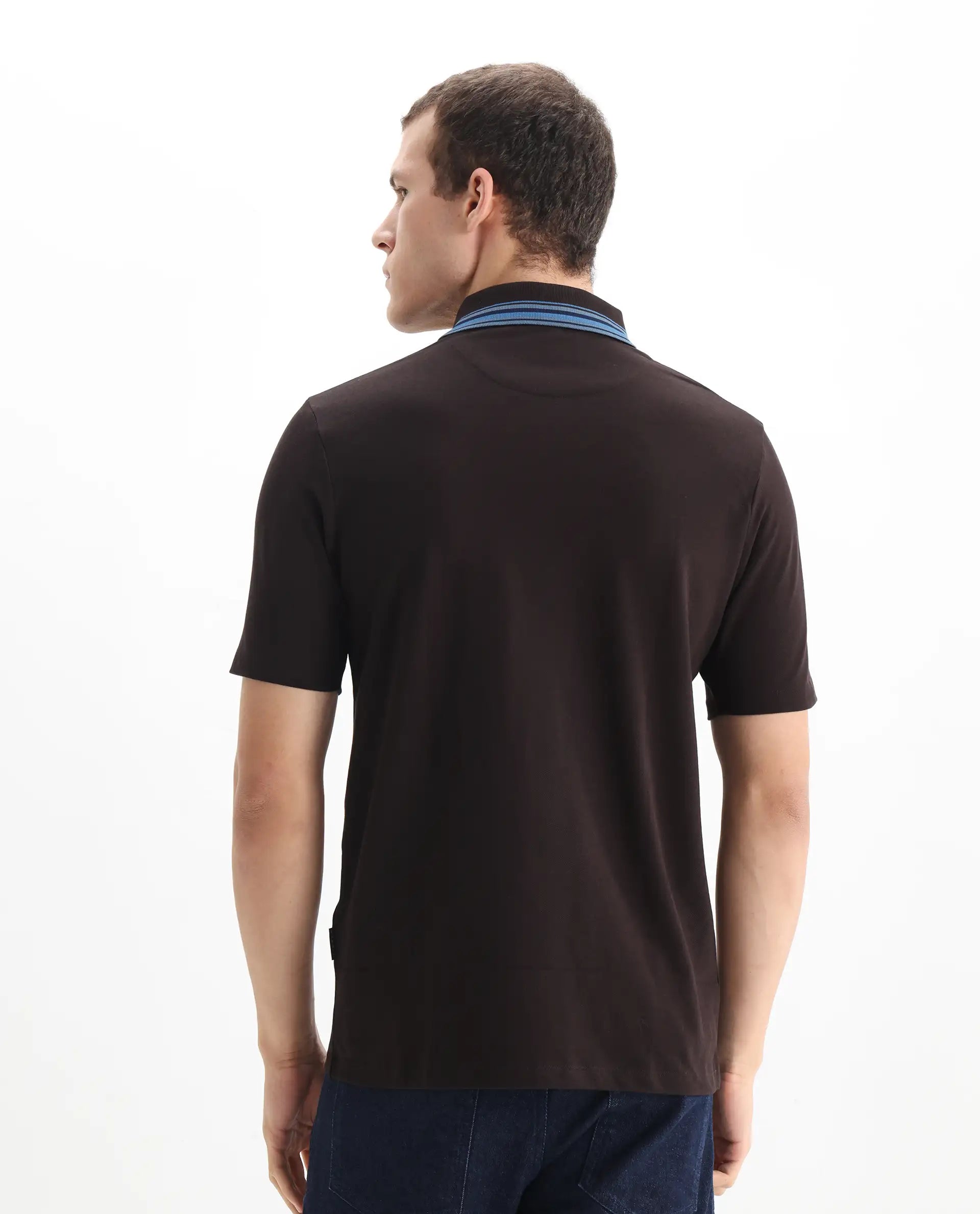 Rare Rabbit Men Clark Dark Brown Short Sleeve Collared Neck Button Closure Plain Polo