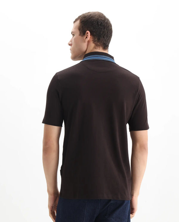 Rare Rabbit Men Clark Dark Brown Short Sleeve Collared Neck Button Closure Plain Polo
