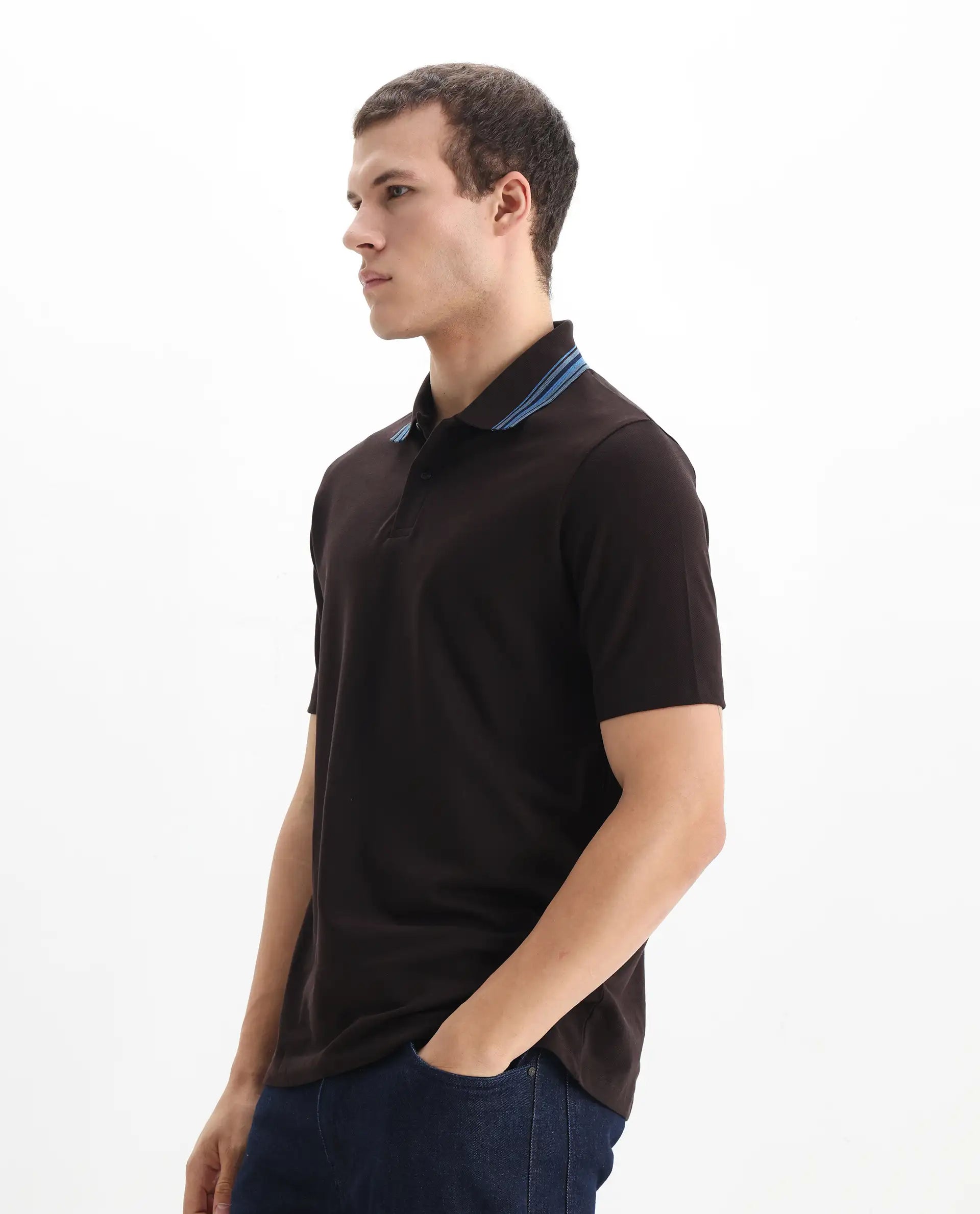 Rare Rabbit Men Clark Dark Brown Short Sleeve Collared Neck Button Closure Plain Polo