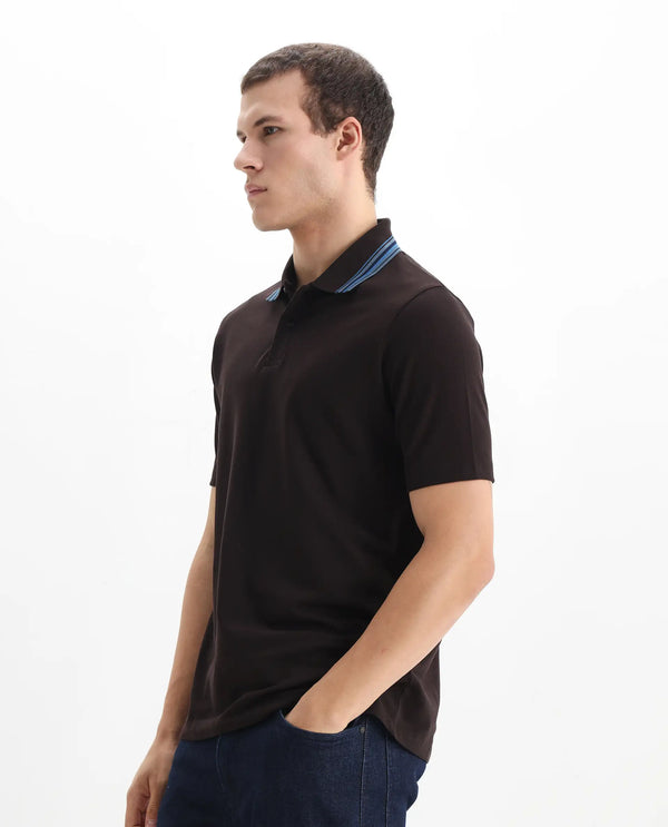 Rare Rabbit Men Clark Dark Brown Short Sleeve Collared Neck Button Closure Plain Polo