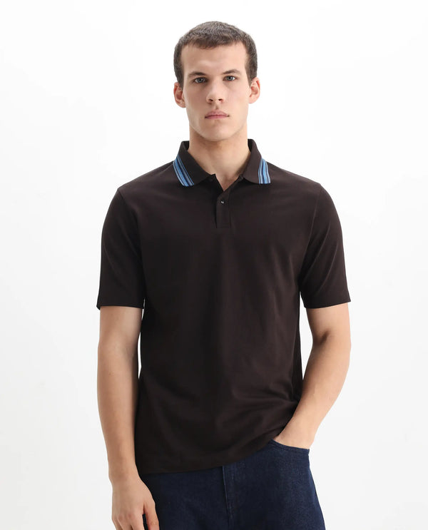 Rare Rabbit Men Clark Dark Brown Short Sleeve Collared Neck Button Closure Plain Polo
