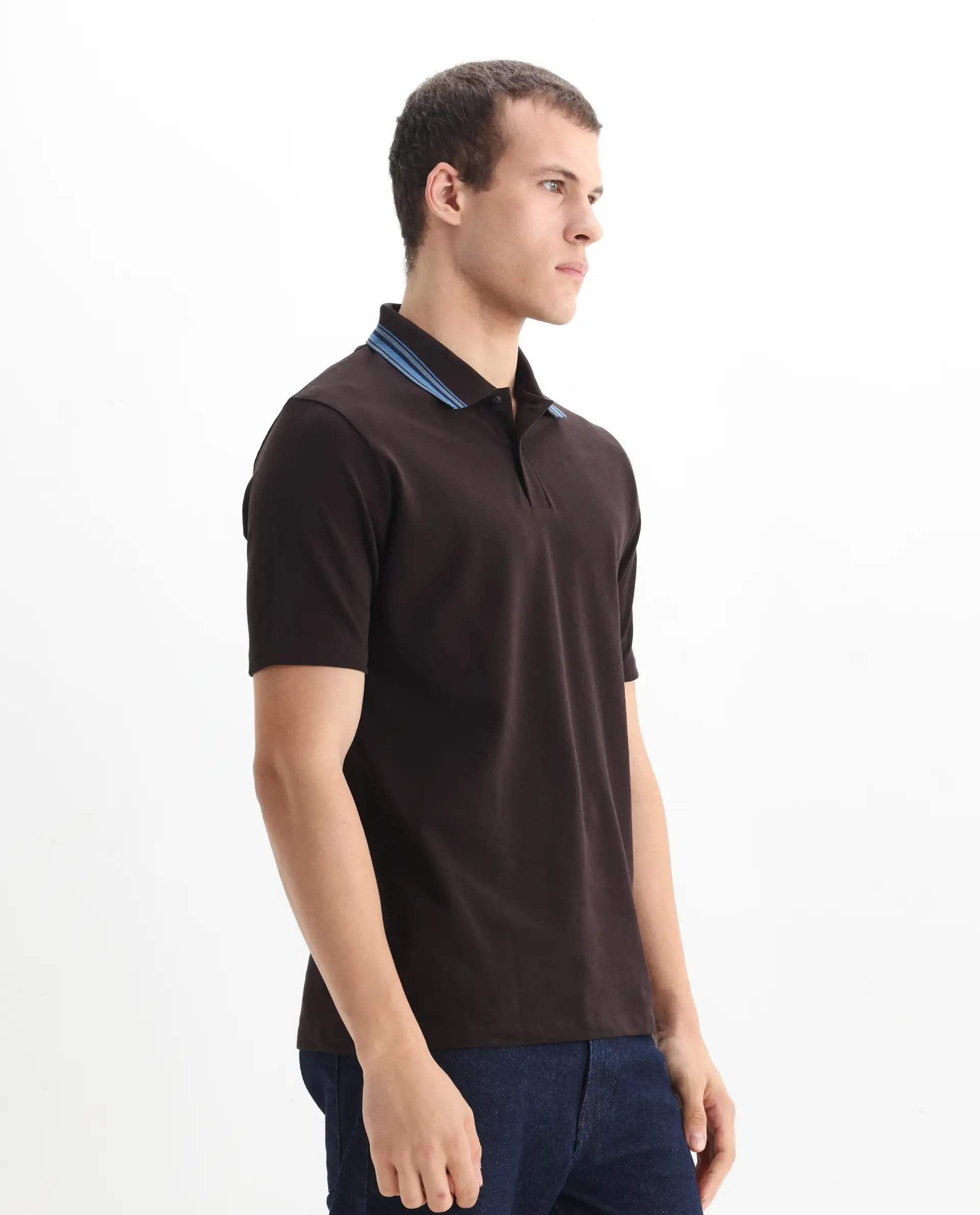 Rare Rabbit Men Clark Dark Brown Short Sleeve Collared Neck Button Closure Plain Polo