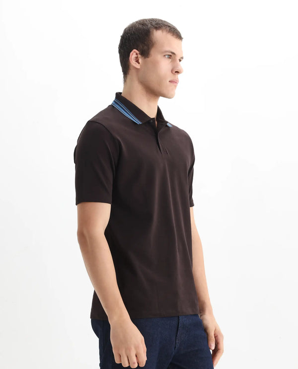 Rare Rabbit Men Clark Dark Brown Short Sleeve Collared Neck Button Closure Plain Polo
