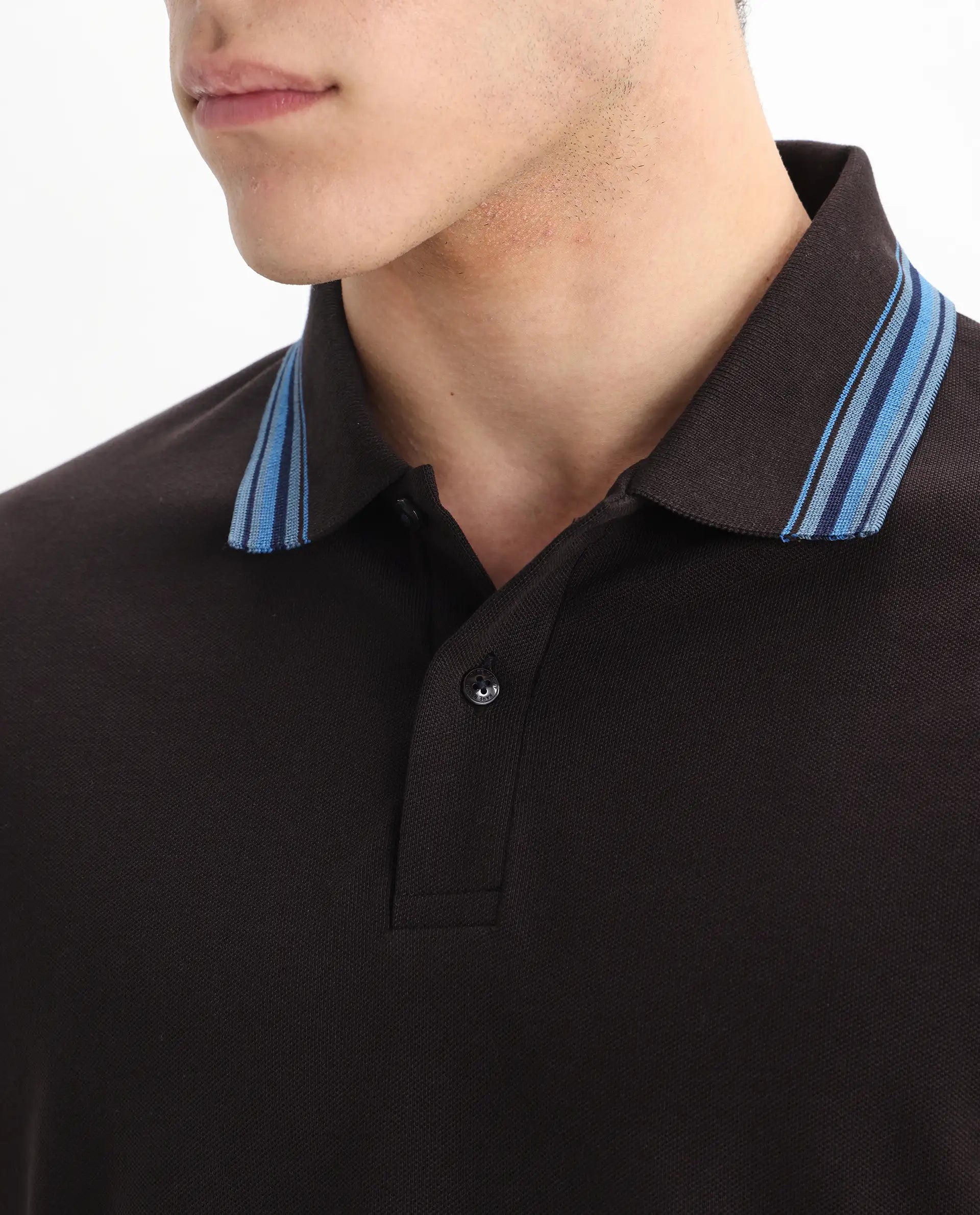 Rare Rabbit Men Clark Dark Brown Short Sleeve Collared Neck Button Closure Plain Polo