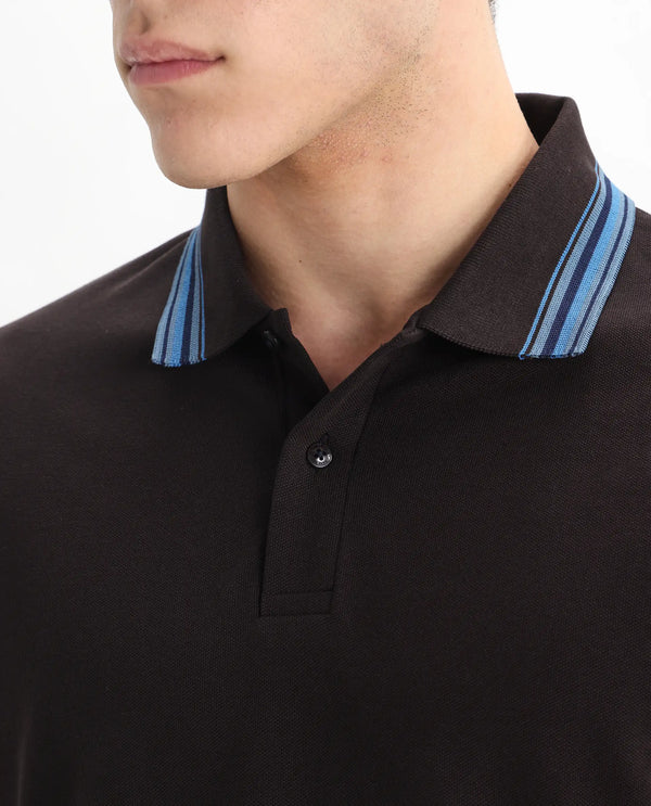 Rare Rabbit Men Clark Dark Brown Short Sleeve Collared Neck Button Closure Plain Polo