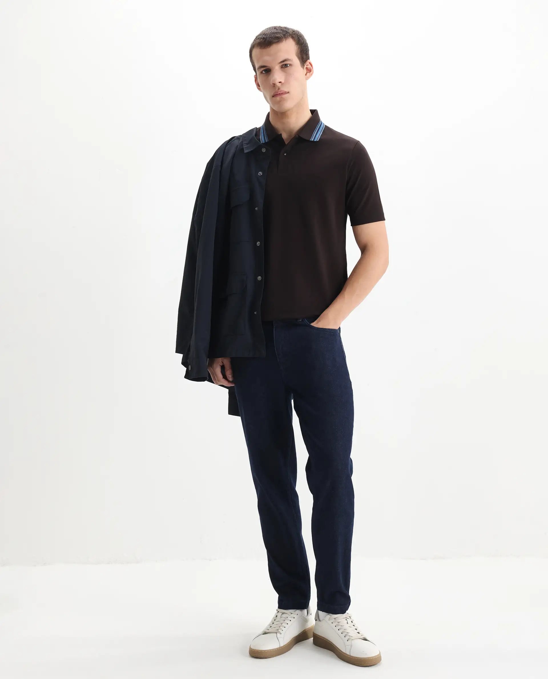 Rare Rabbit Men Clark Dark Brown Short Sleeve Collared Neck Button Closure Plain Polo